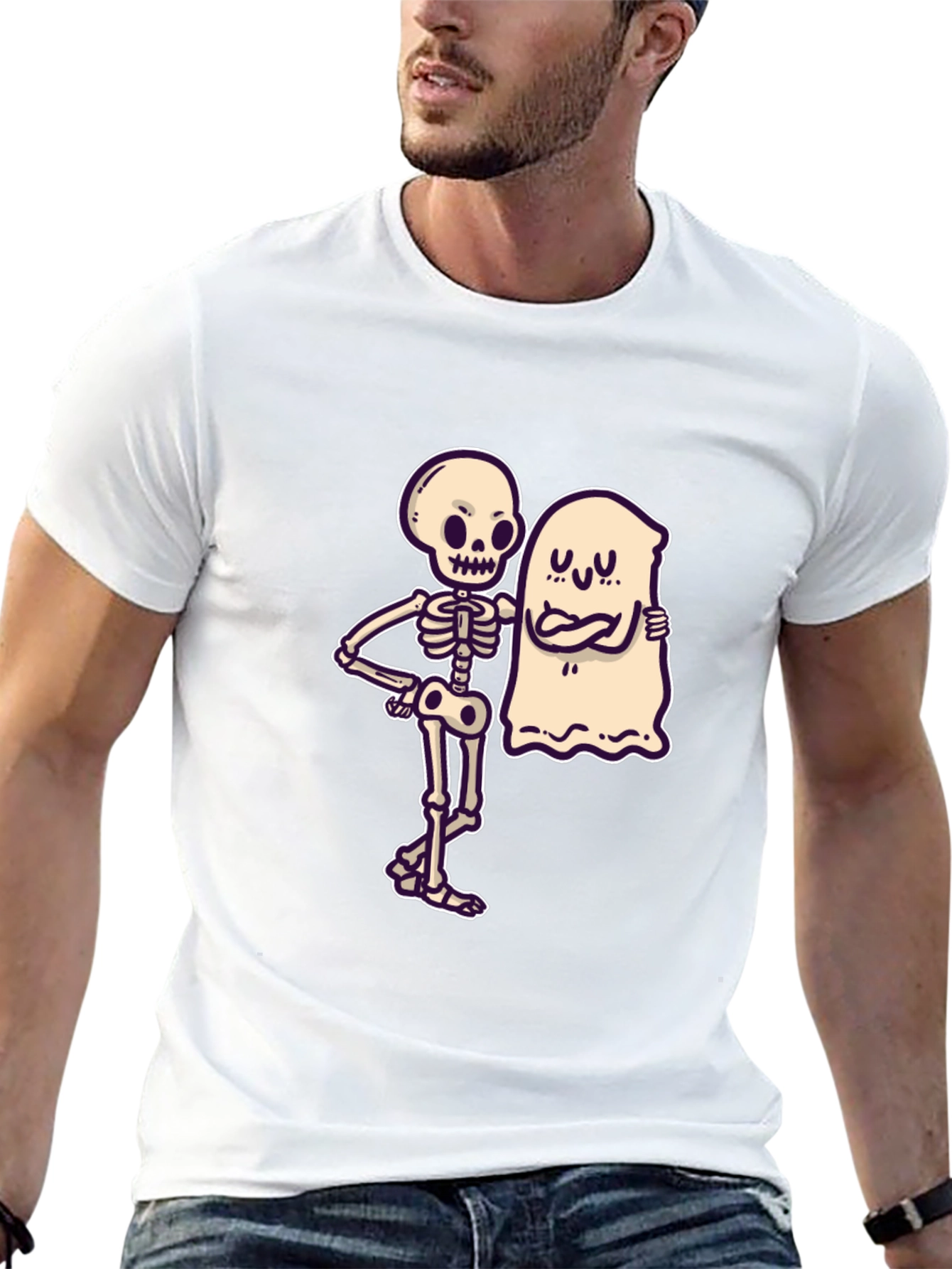 Skeleton & Ghost Graphic Tee - Spooky Season Shirt