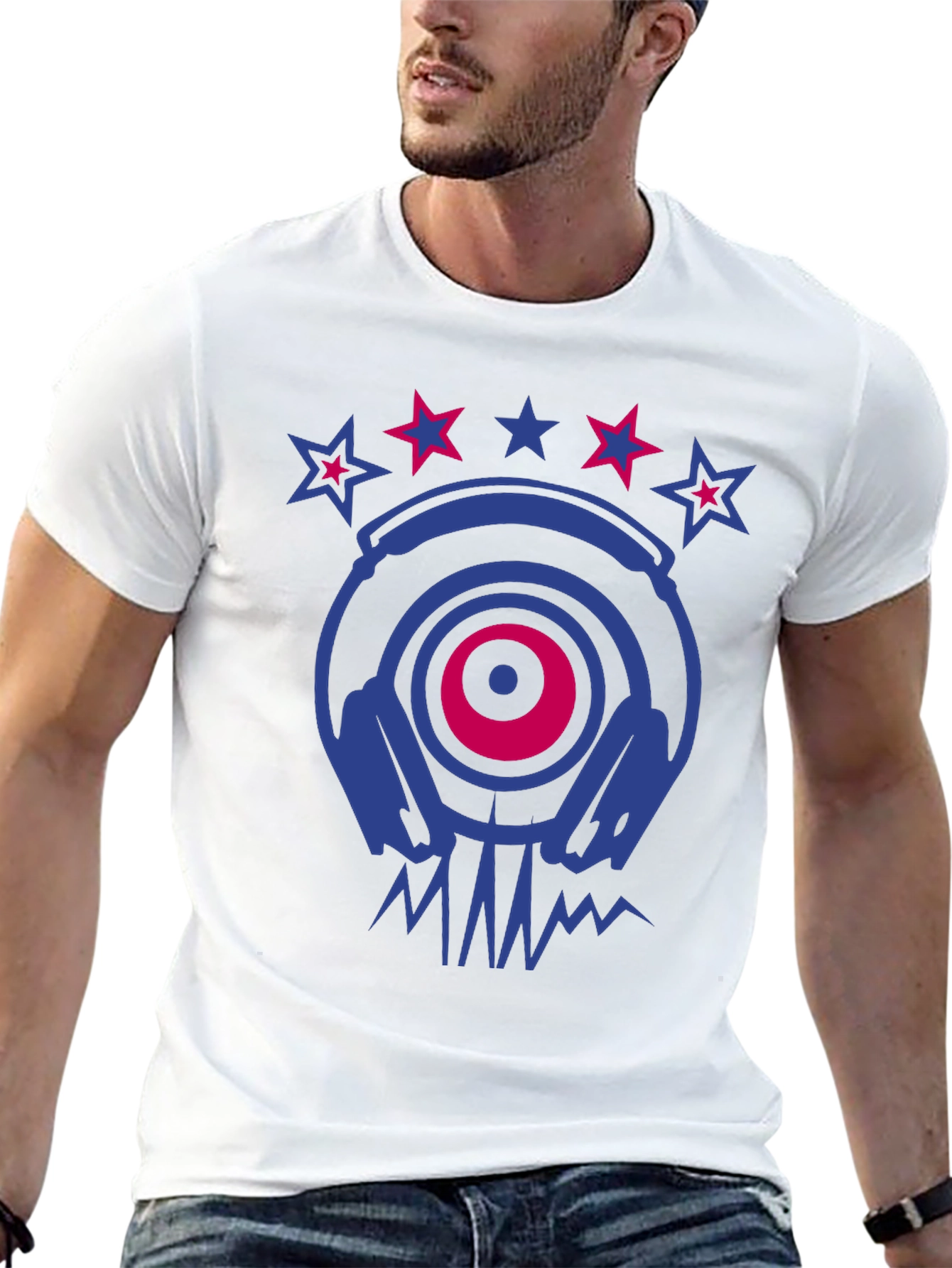 Cool DJ Headphones & Stars Graphic Print T-Shirt
