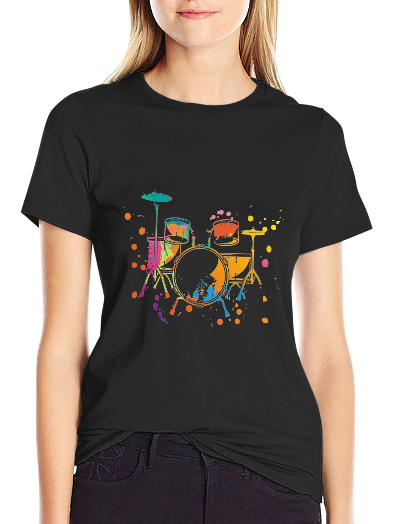 Vibrant Drums Graphic Tee - Black Cotton T-Shirt