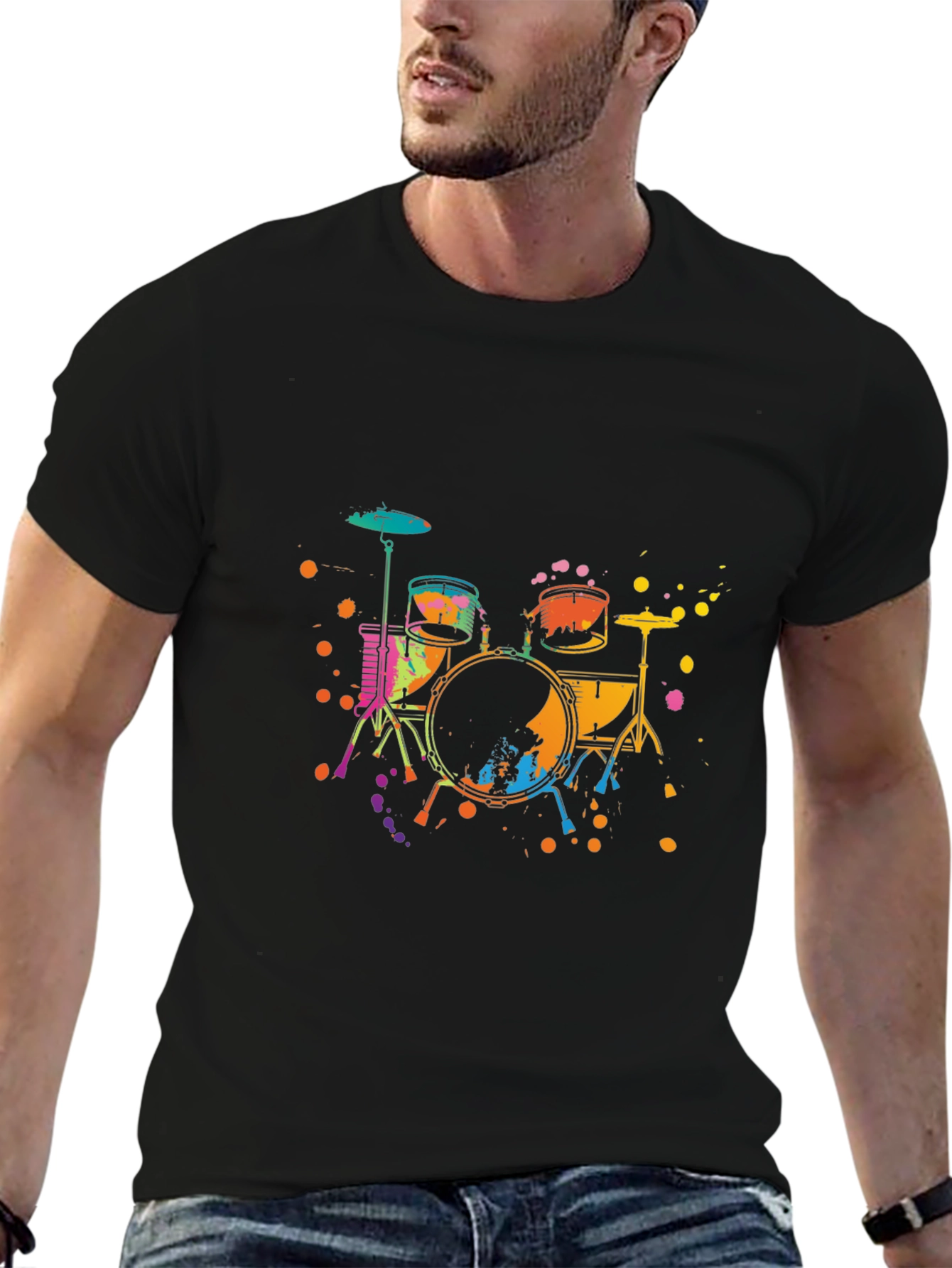 Vibrant Drums Graphic Tee - Black Cotton T-Shirt