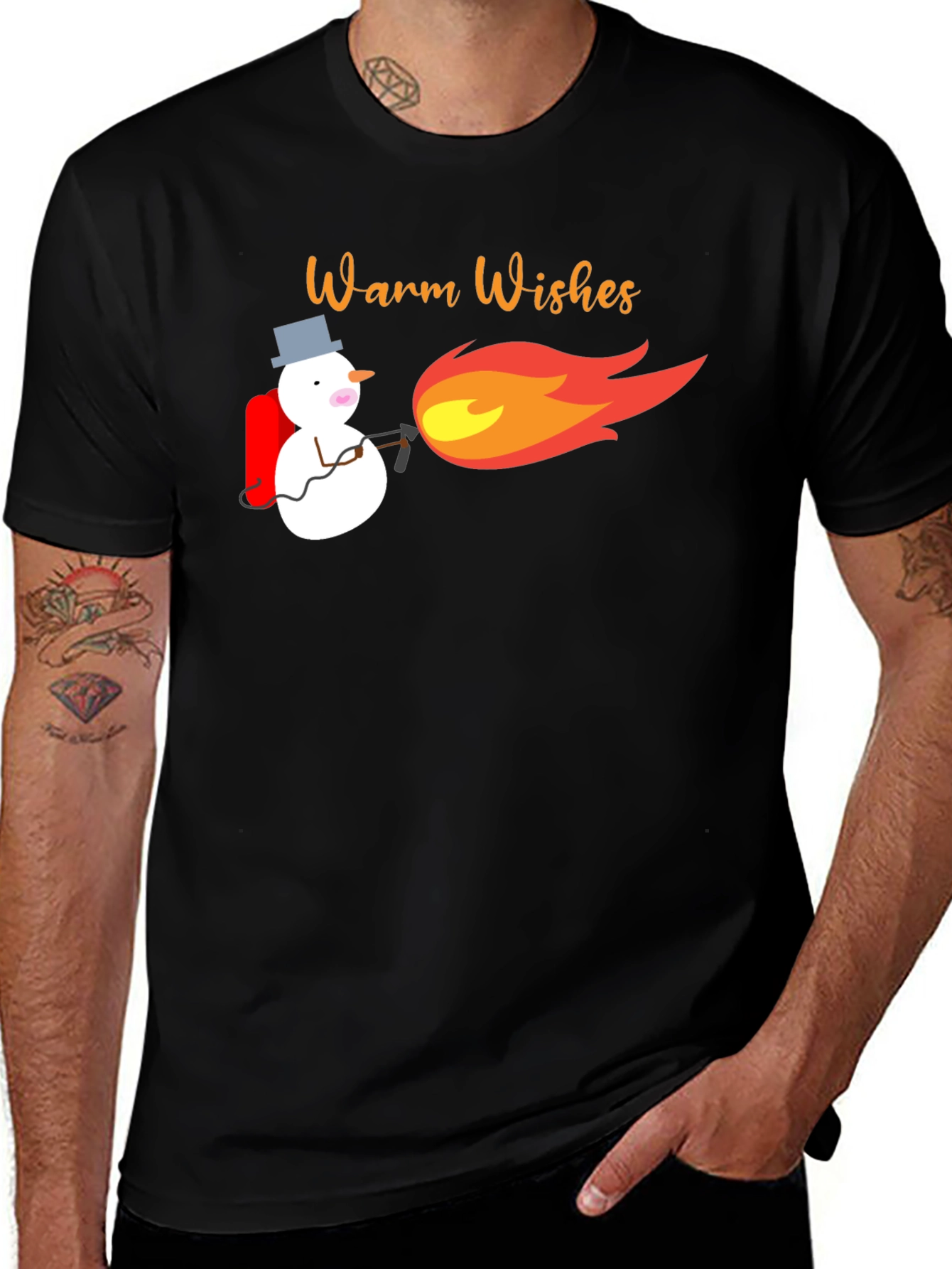 Warm Wishes Snowman Blowtorch Black T-Shirt