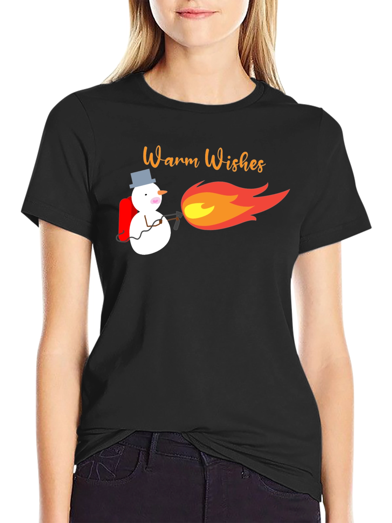 Warm Wishes Snowman Blowtorch Black T-Shirt