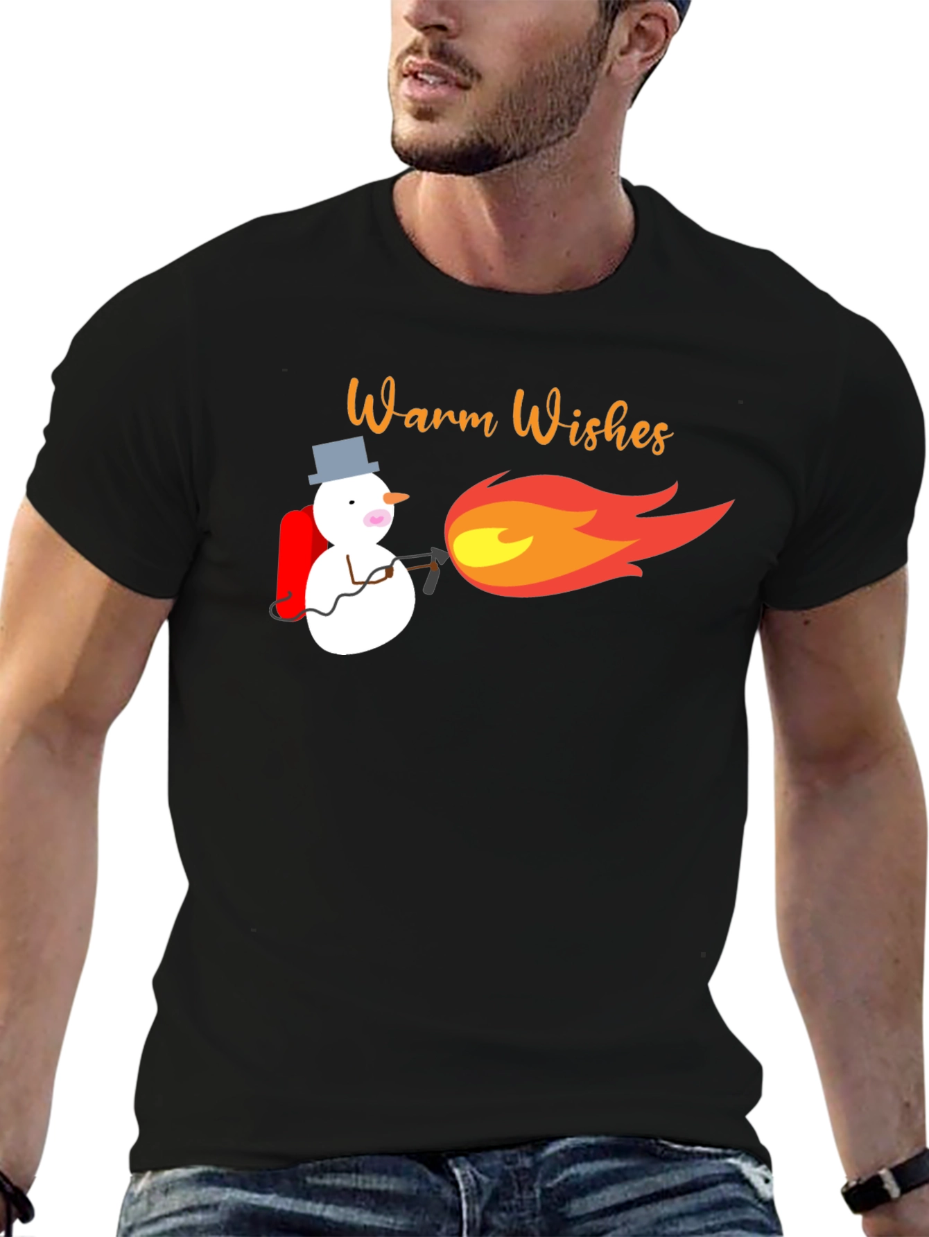 Warm Wishes Snowman Blowtorch Black T-Shirt