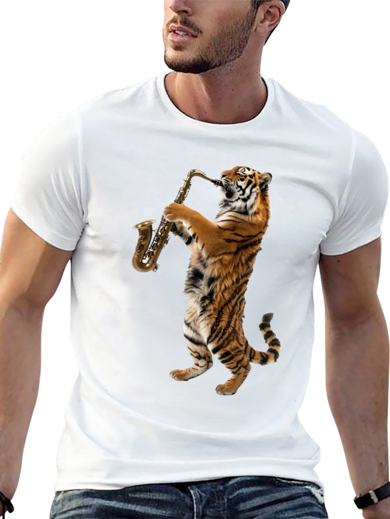 Tiger Saxophone Graphic T-Shirt - Cool Animal Tee