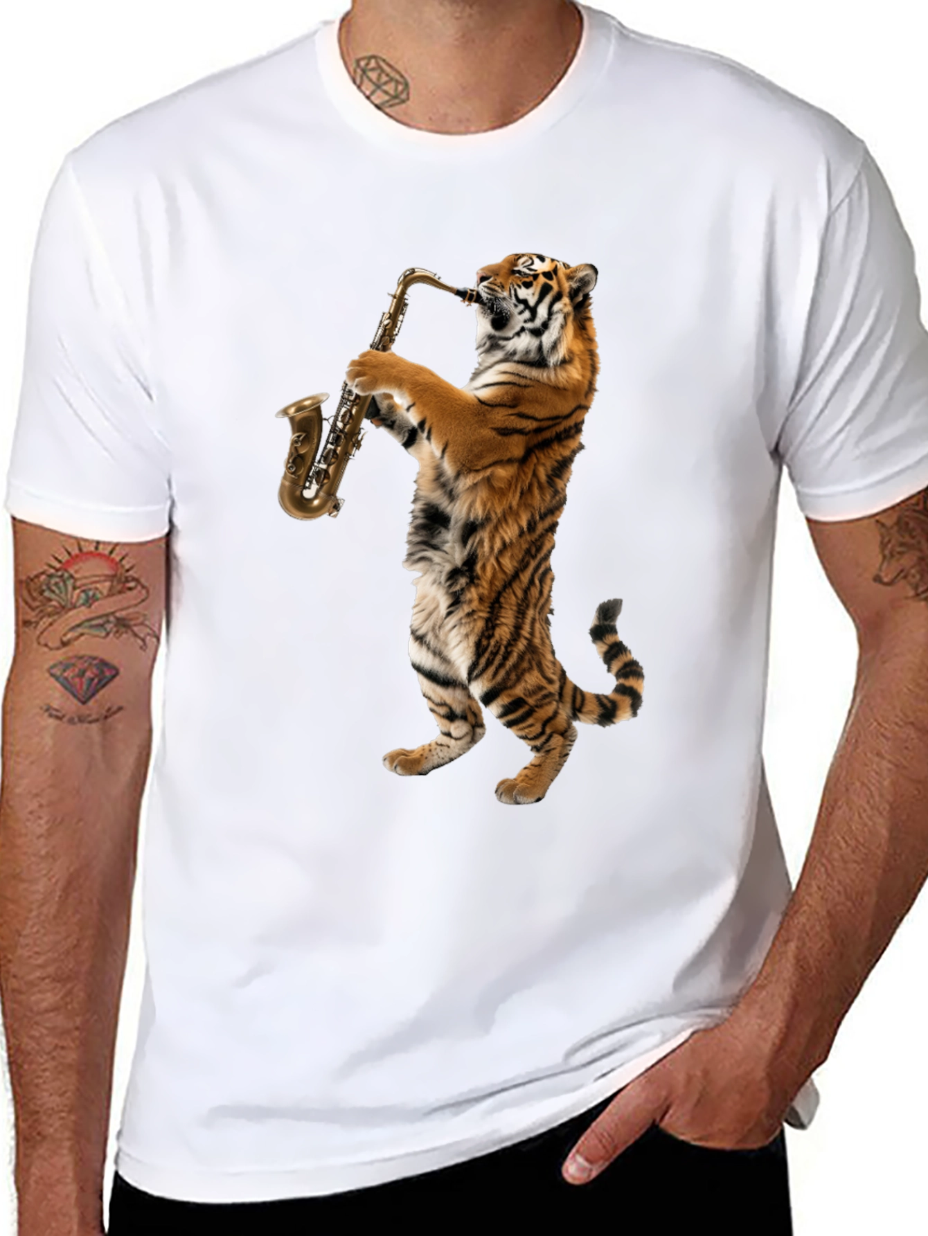 Tiger Saxophone Graphic T-Shirt - Cool Animal Tee