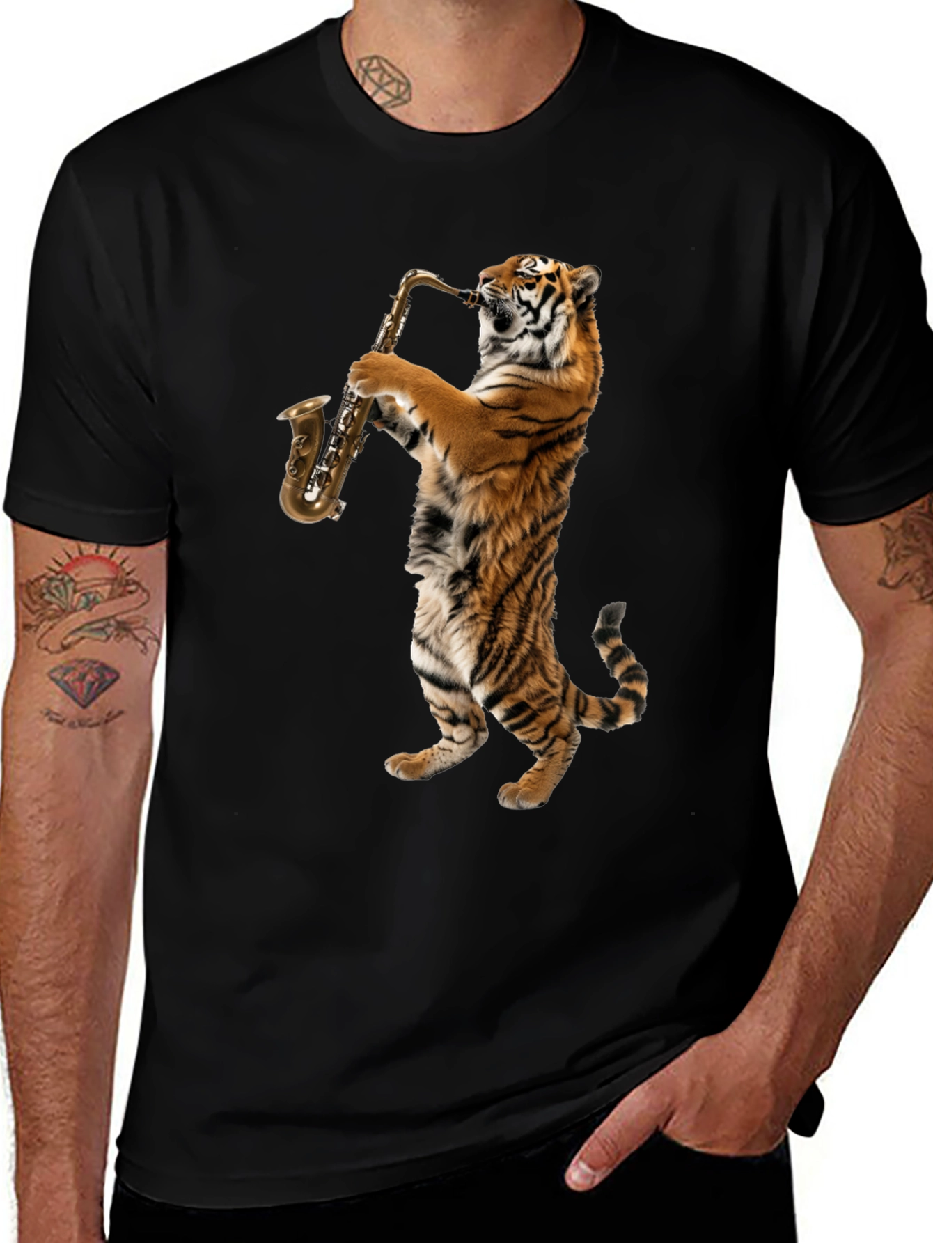 Tiger Saxophone Graphic T-Shirt - Cool Animal Tee
