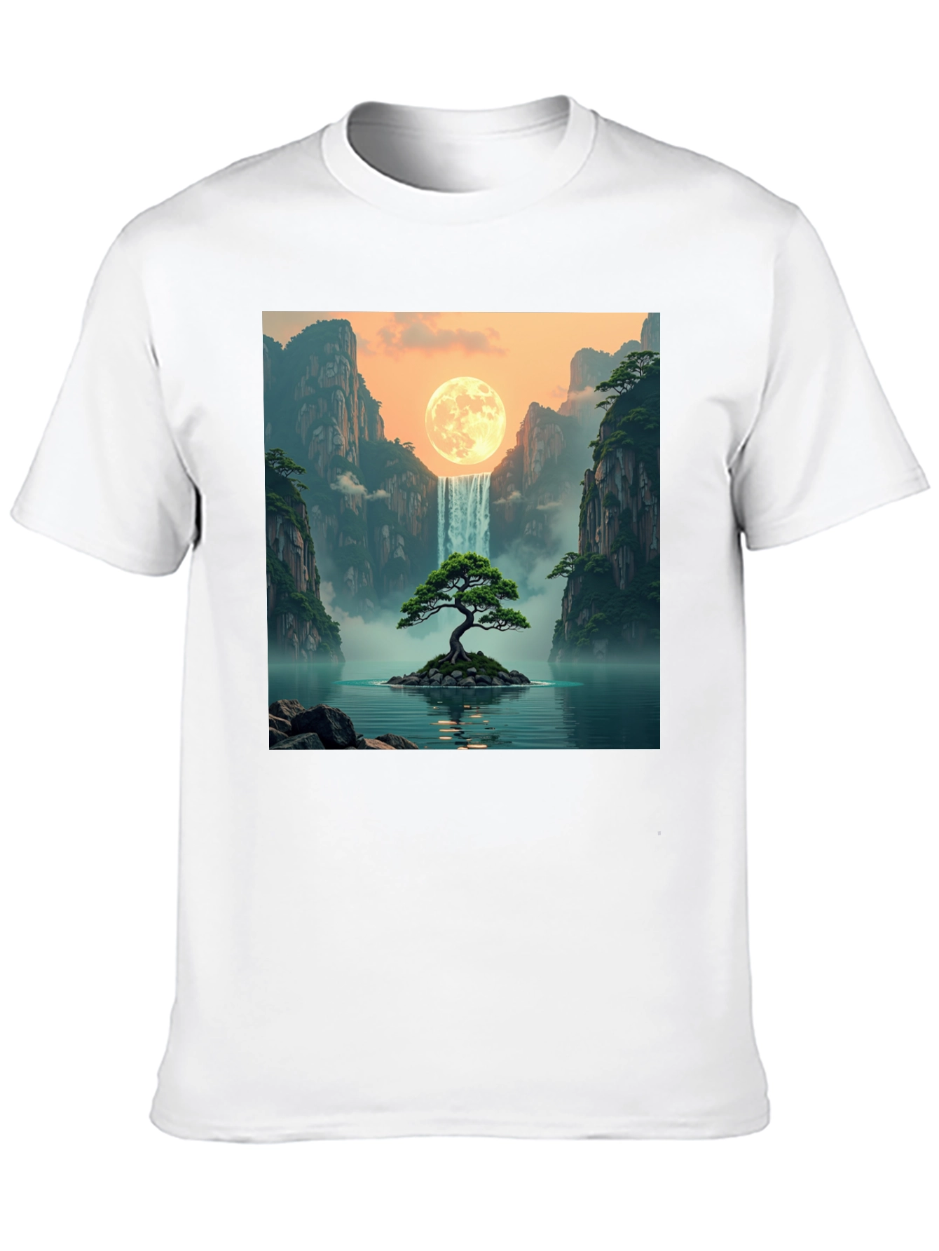 Waterfall Moon Bonsai Tree Graphic T-Shirt