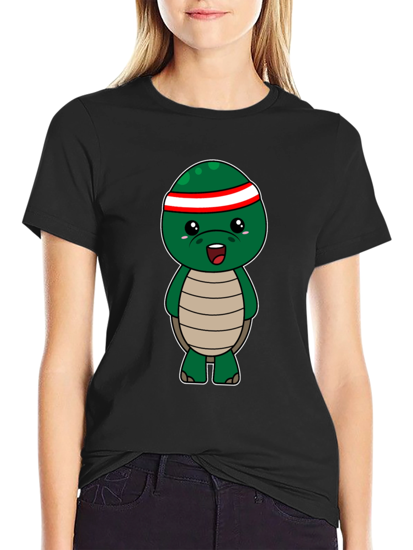 Cute Turtle Graphic Tee - Black Cotton T-Shirt