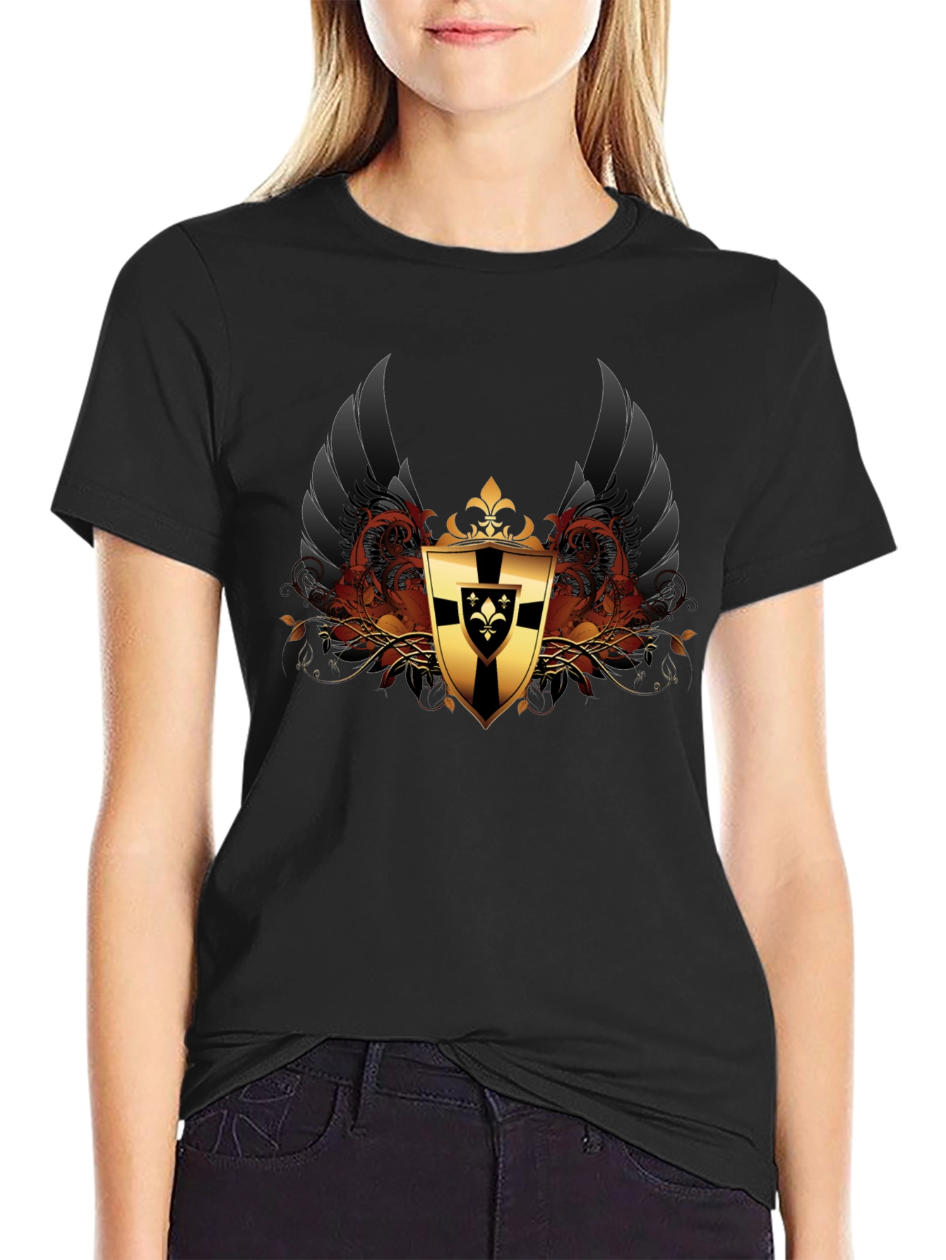Black T-Shirt with Medieval Knight Shield Design