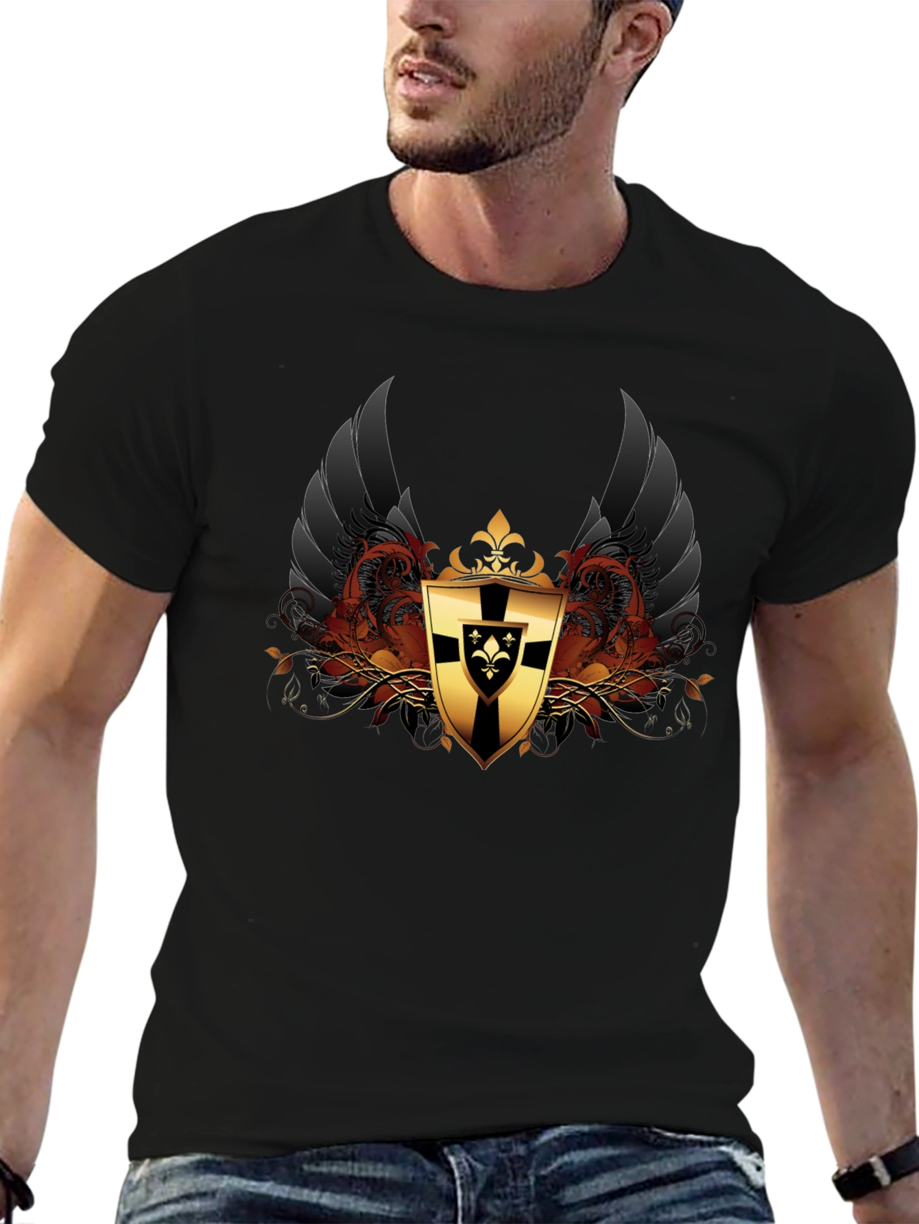 Black T-Shirt with Medieval Knight Shield Design