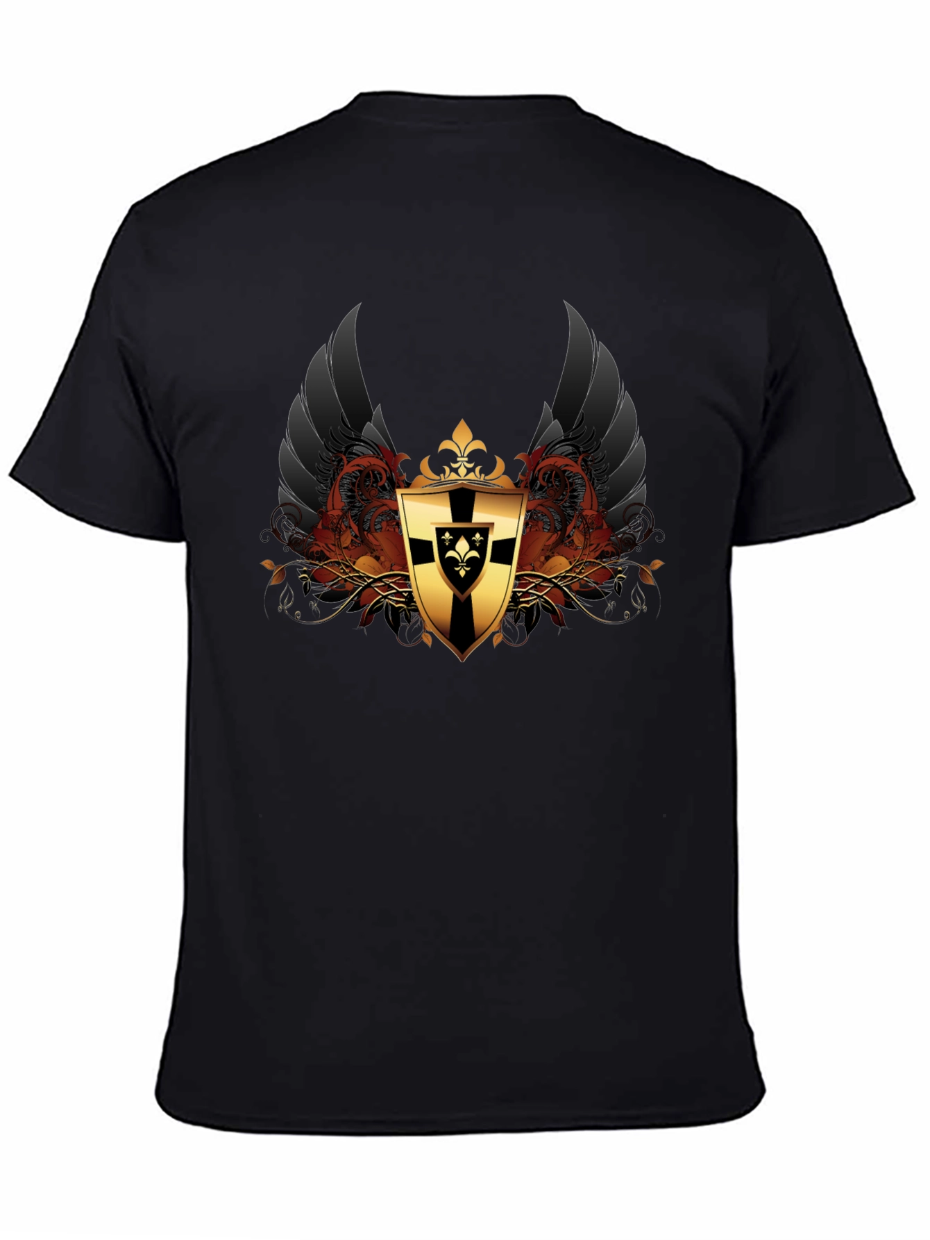 Black T-Shirt with Medieval Knight Shield Design