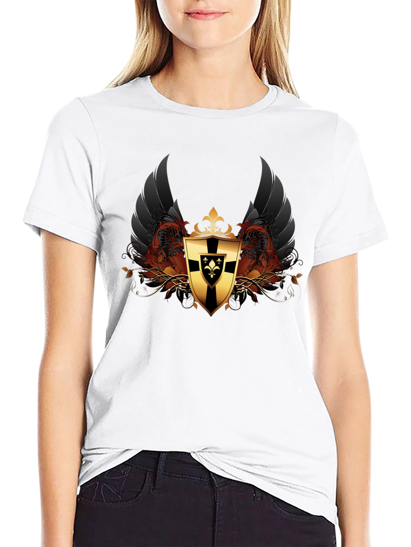 Black T-Shirt with Medieval Knight Shield Design