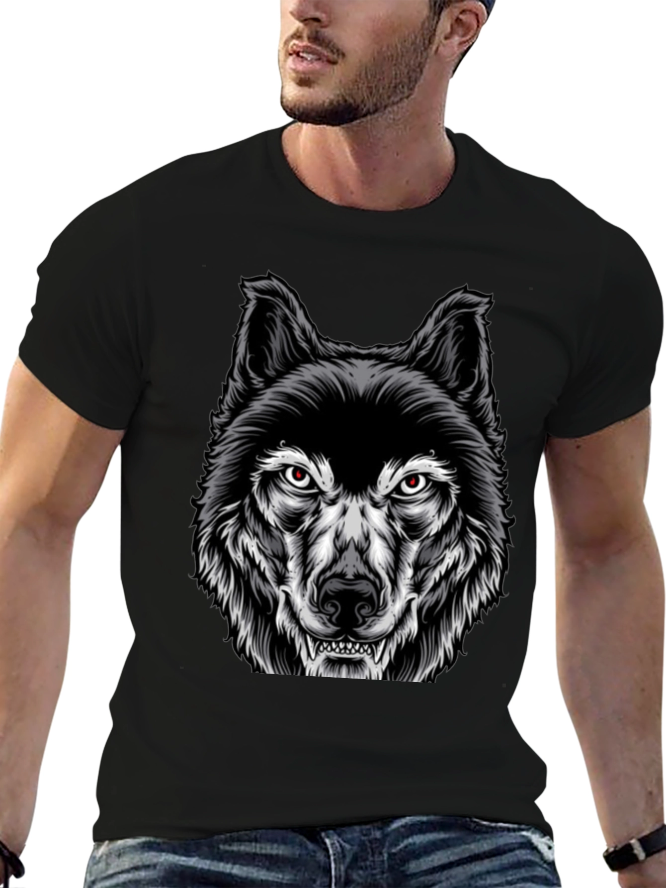 Mens Black Wolf Graphic Print T-Shirt
