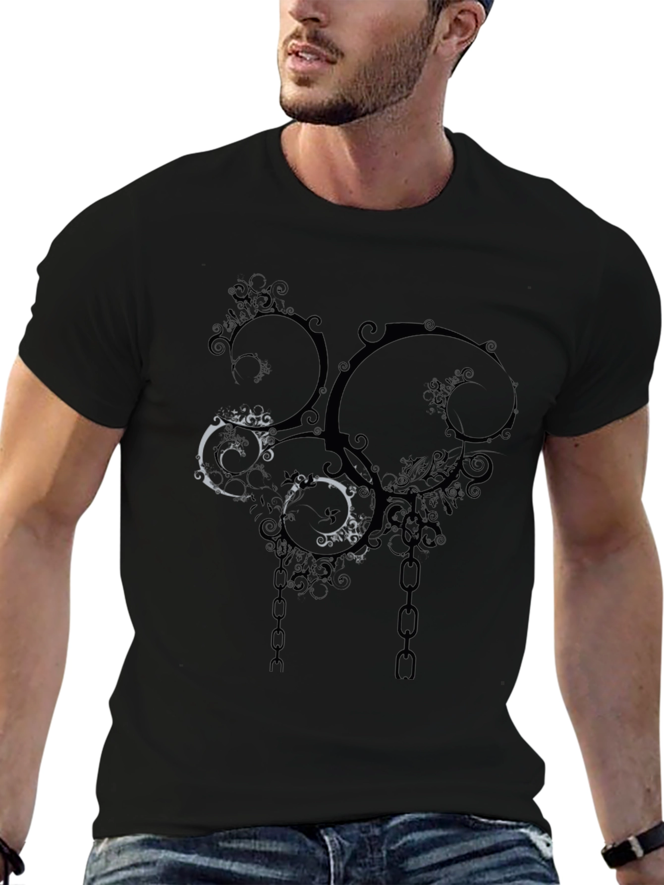 Abstract Swirls & Chains Black Graphic Tee
