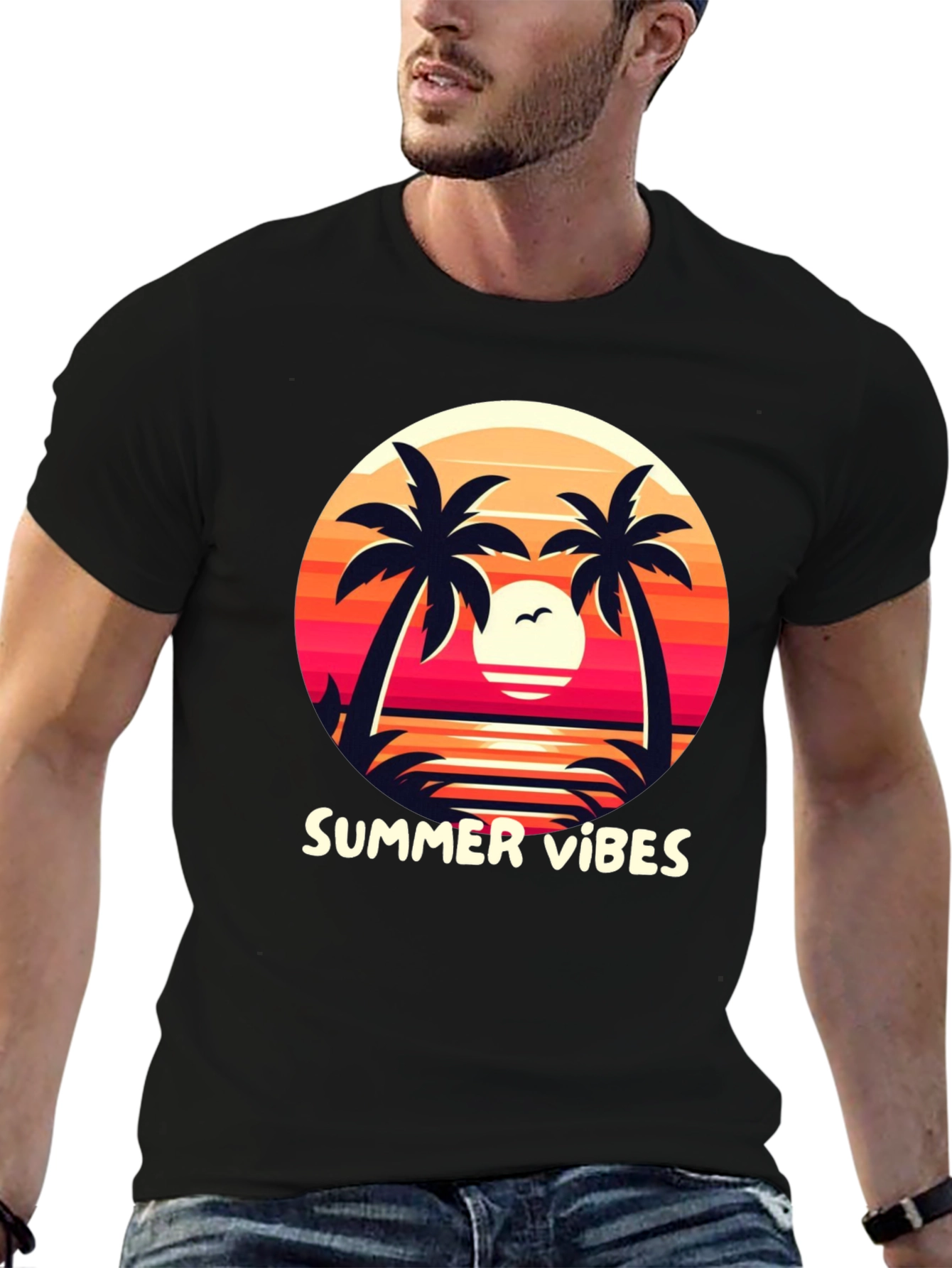 Summer Vibes Graphic Tee - Palm Tree Sunset Design