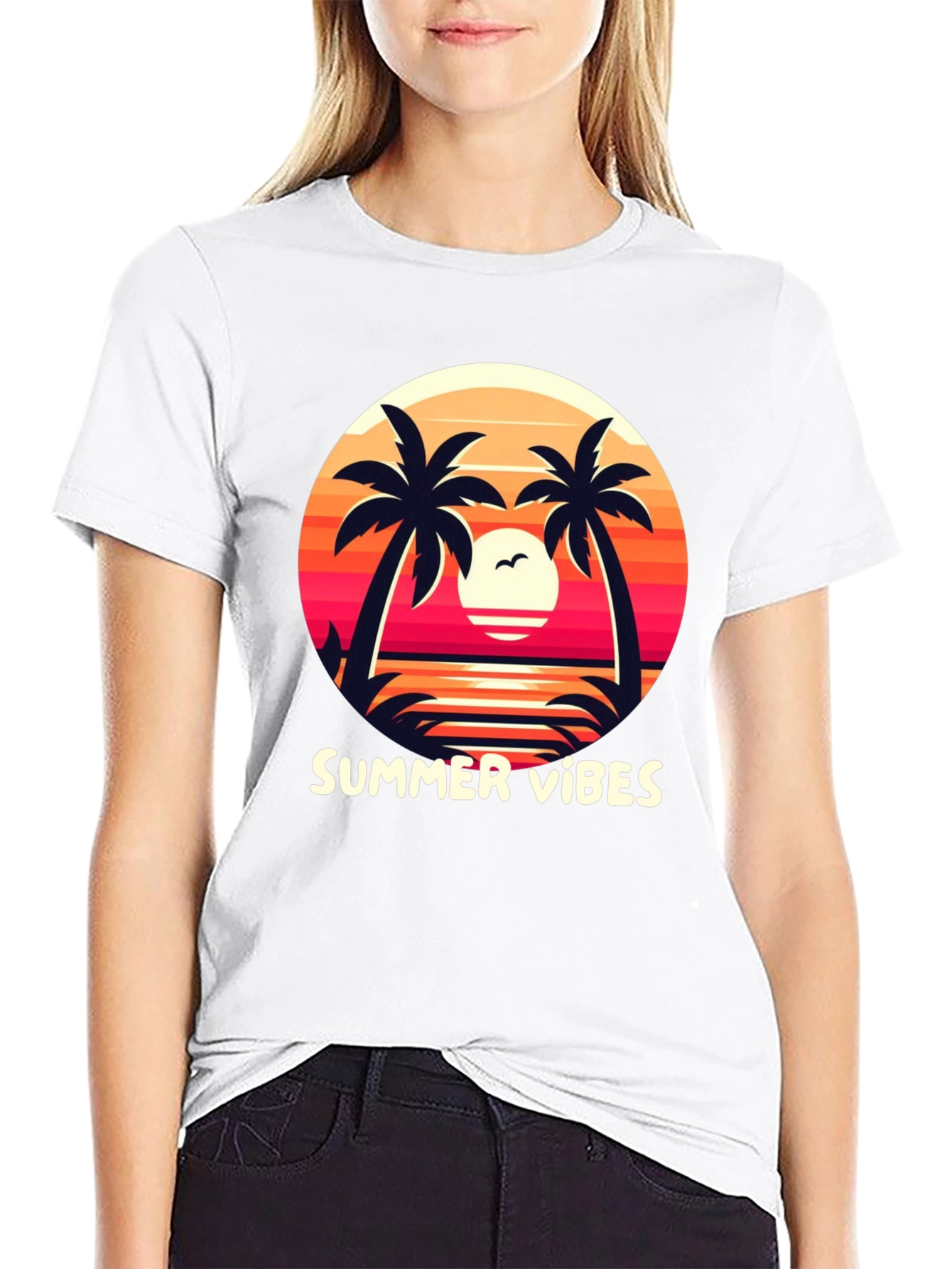 Summer Vibes Graphic Tee - Palm Tree Sunset Design
