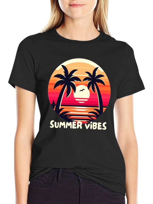 Summer Vibes Graphic Tee - Palm Tree Sunset Design