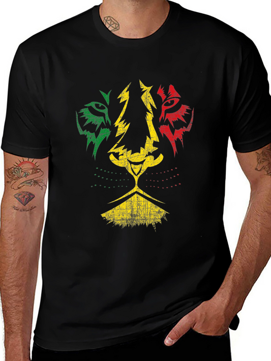 Rasta Lion Graphic Tee - Reggae Colors - Black Cotton T-Shirt