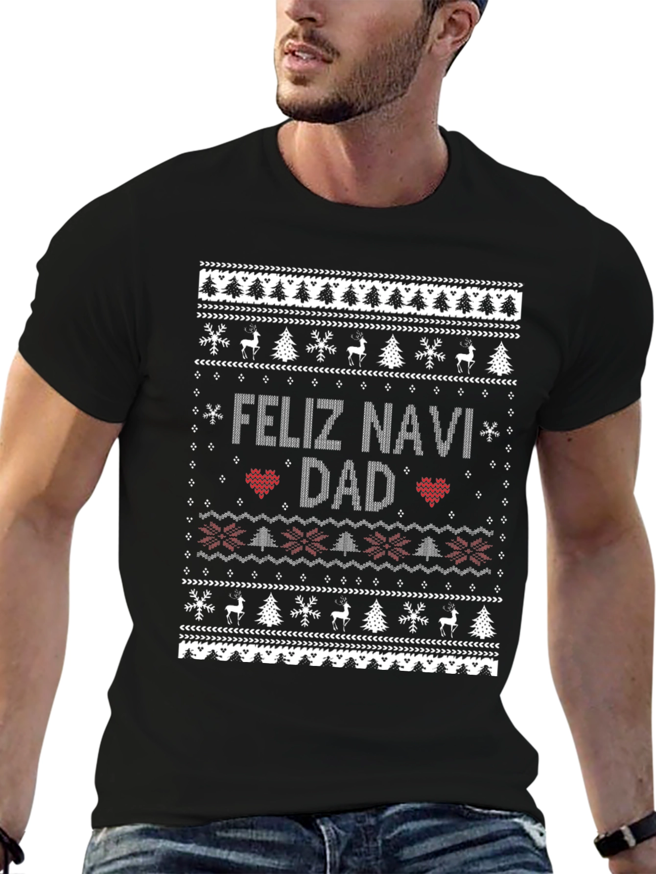 Feliz Navi Dad Christmas Sweater Style Black T-Shirt