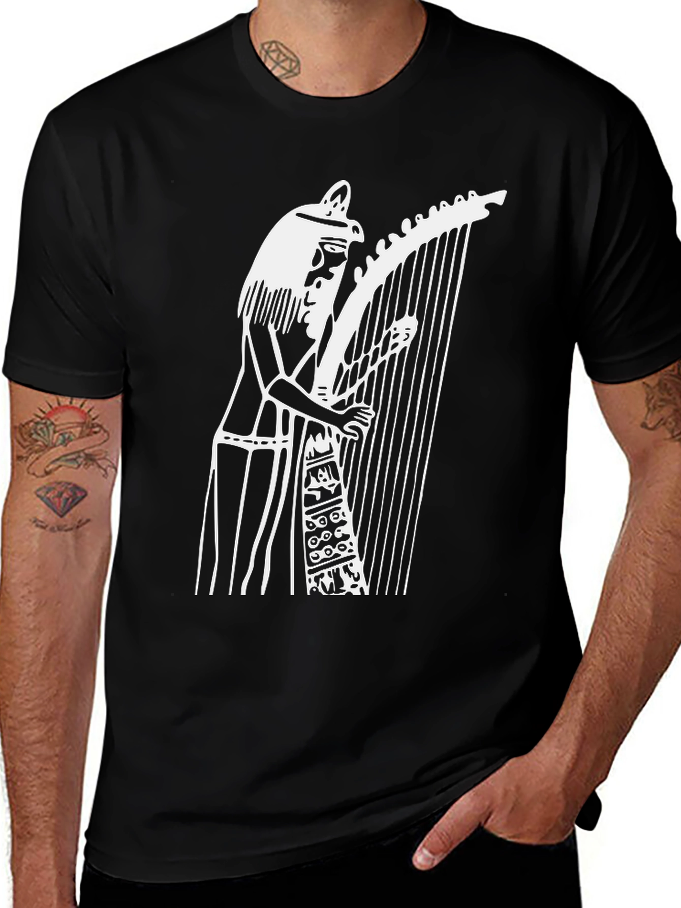 Egyptian Harp Player Graphic T-Shirt - Black