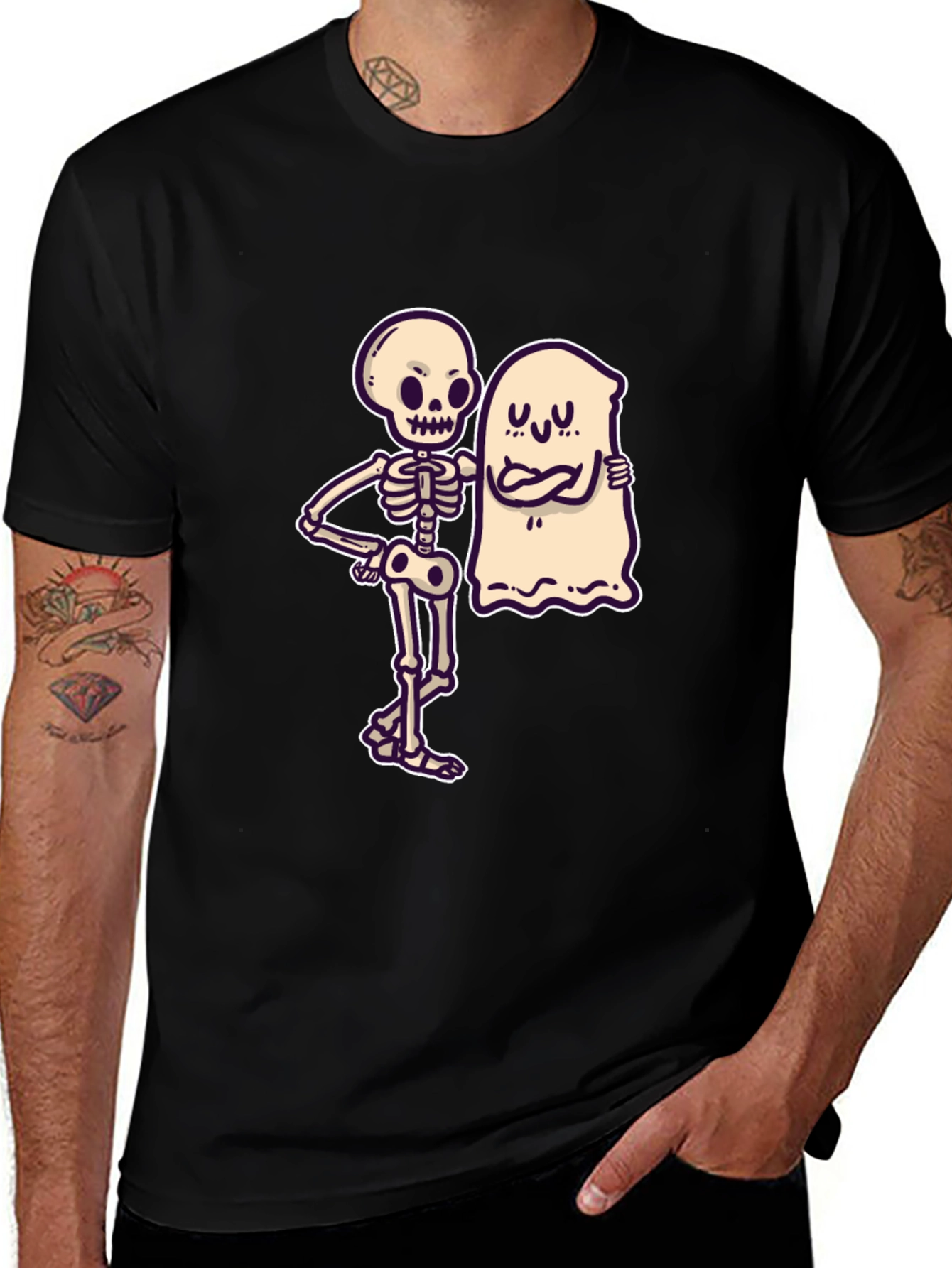 Skeleton & Ghost Graphic Tee - Spooky Season Shirt