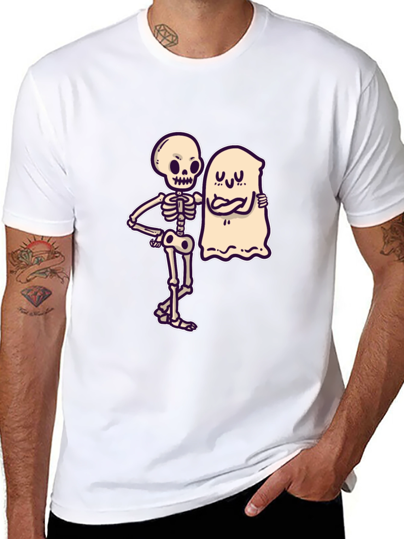 Skeleton & Ghost Graphic Tee - Spooky Season Shirt