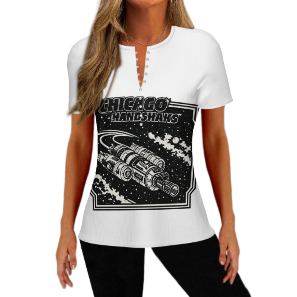 Chicago Handshaks Retro Spacecraft Tee – Vintage Sci-Fi Graphic Shirt for Women(z460)