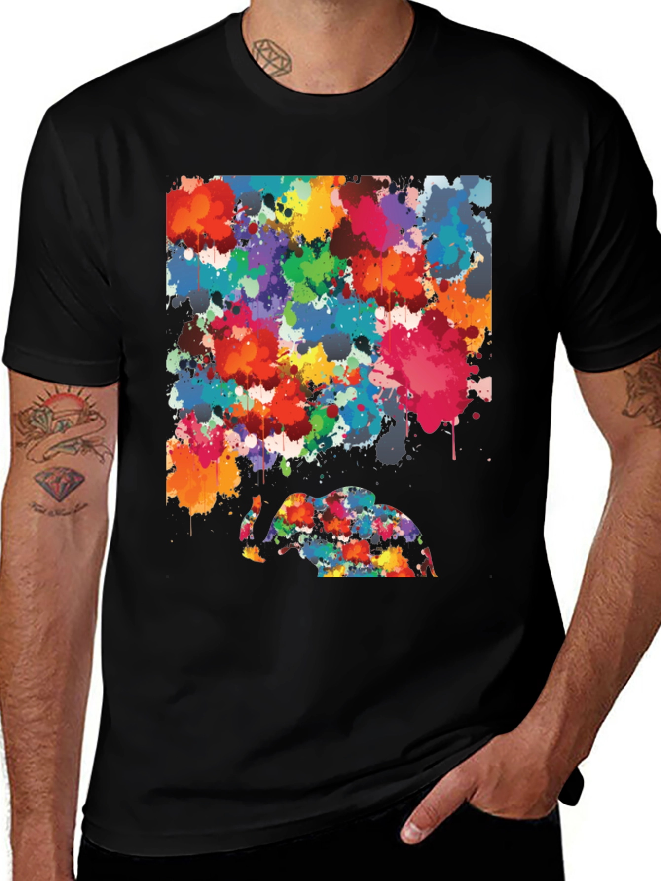 Abstract Elephant Splatter Art Black T-Shirt