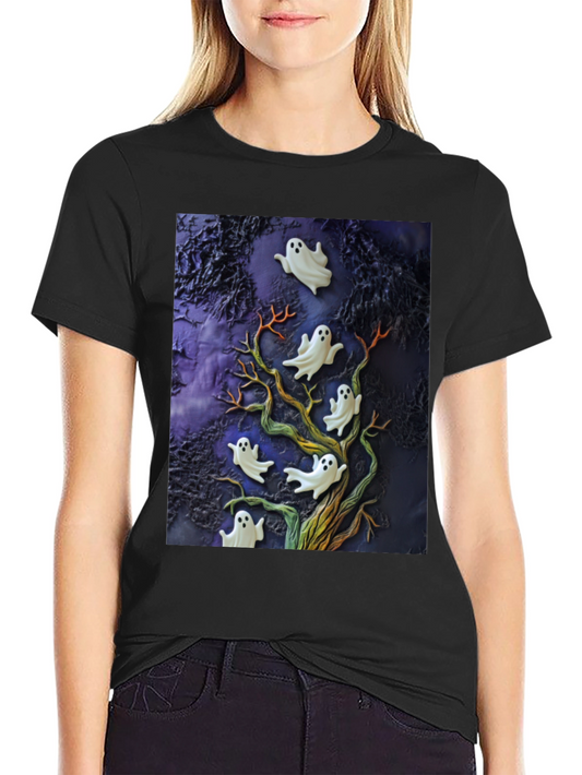 Spooky Ghost Tree Black T-Shirt