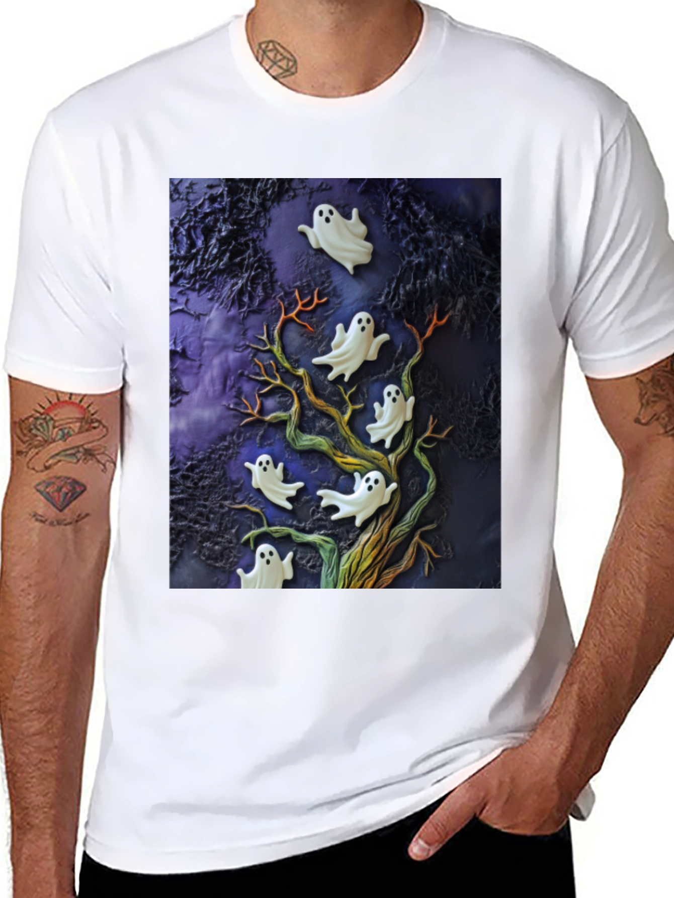 Spooky Ghost Tree Black T-Shirt
