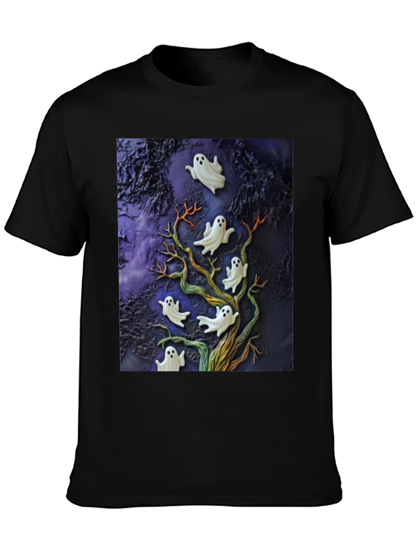 Spooky Ghost Tree Black T-Shirt