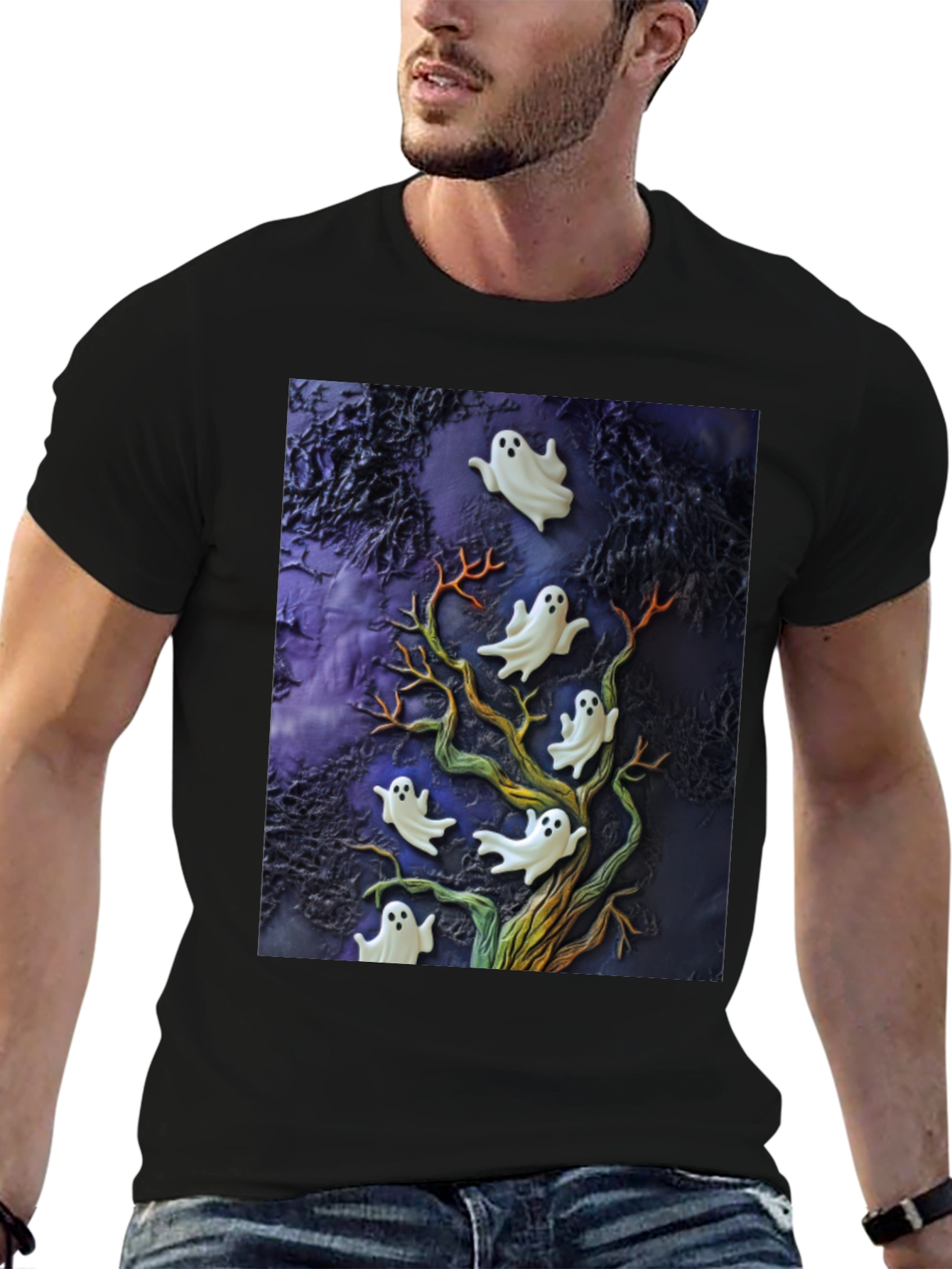 Spooky Ghost Tree Black T-Shirt