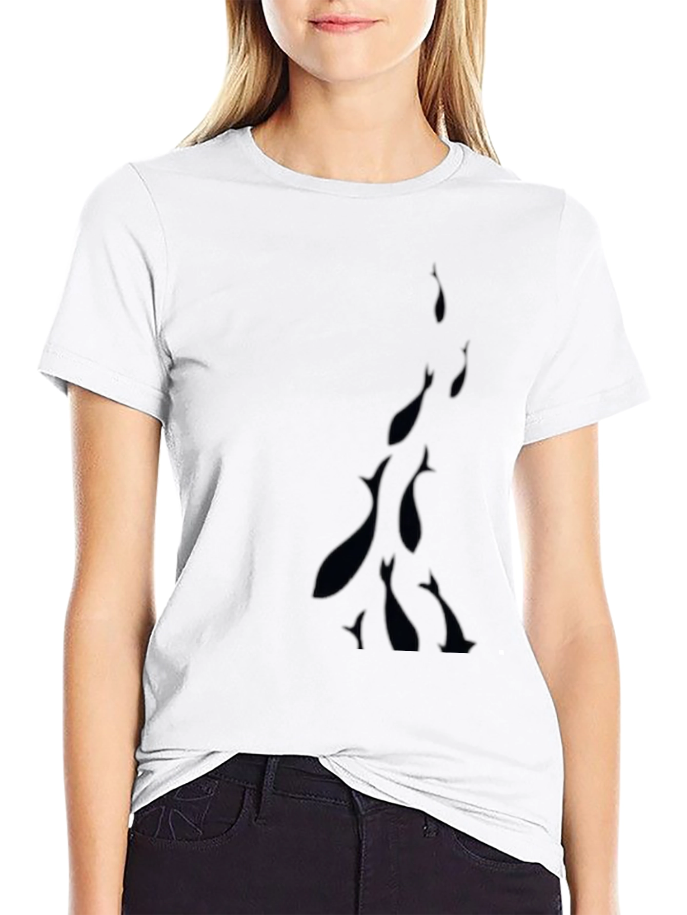Mens Black Crew Neck T-Shirt with Fish Design