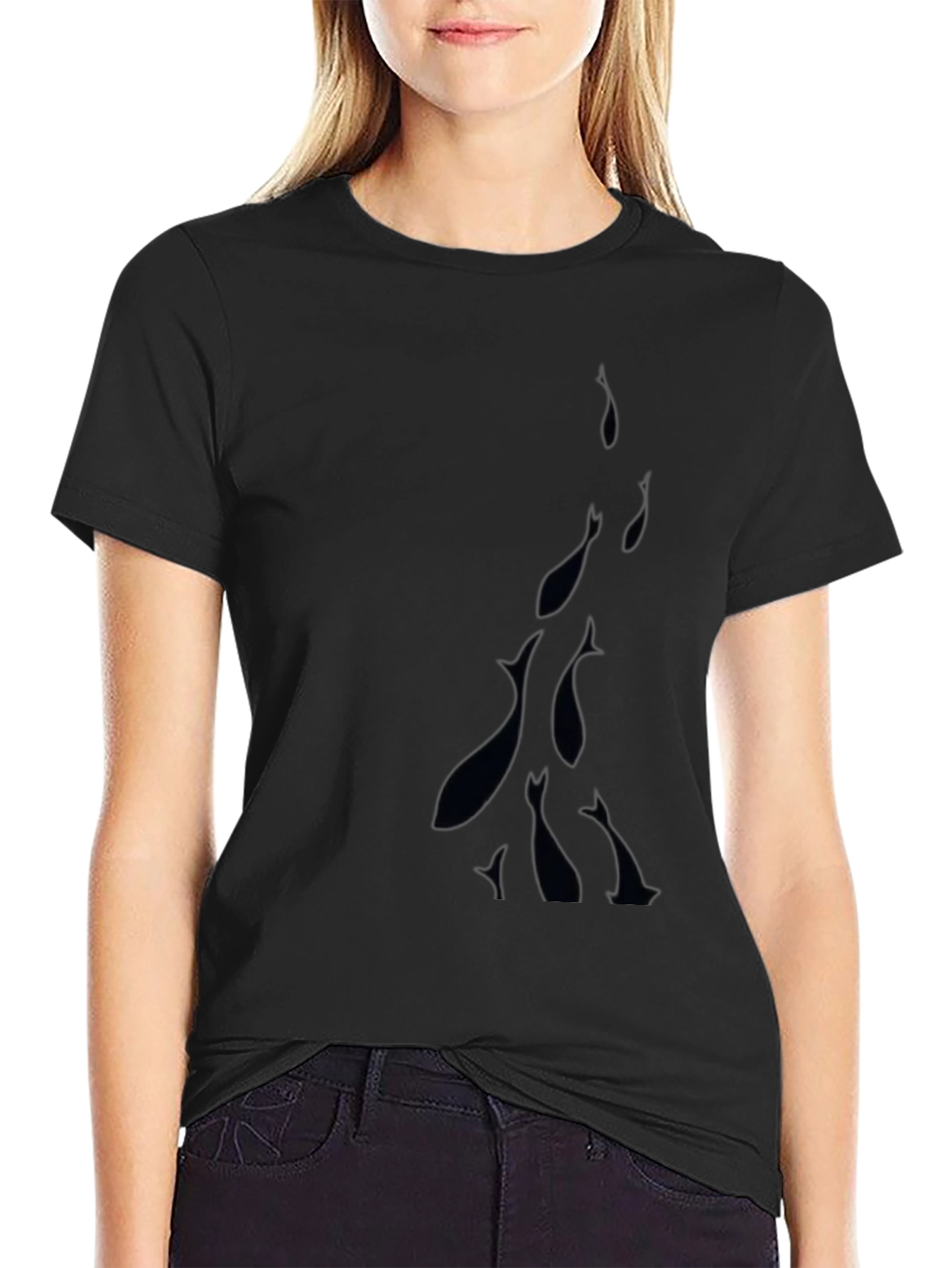Mens Black Crew Neck T-Shirt with Fish Design