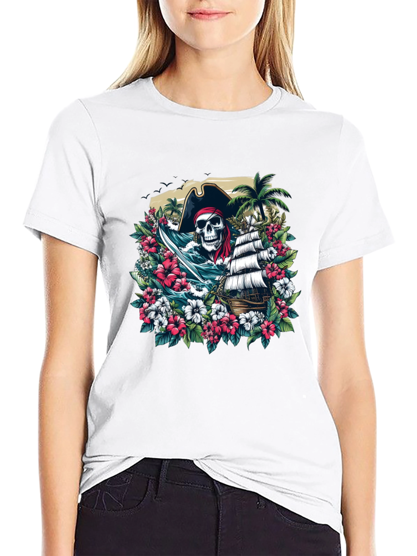 Pirate Skull Floral Graphic T-Shirt