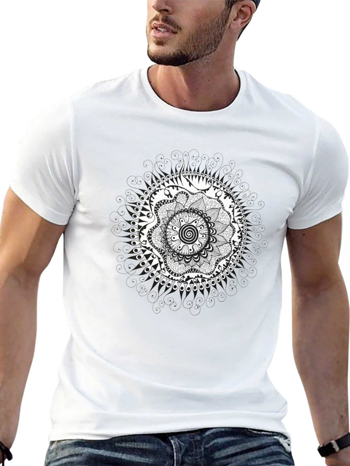 Mens Black Graphic Tee - Mandala Design