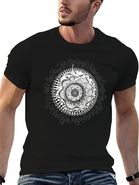 Mens Black Graphic Tee - Mandala Design