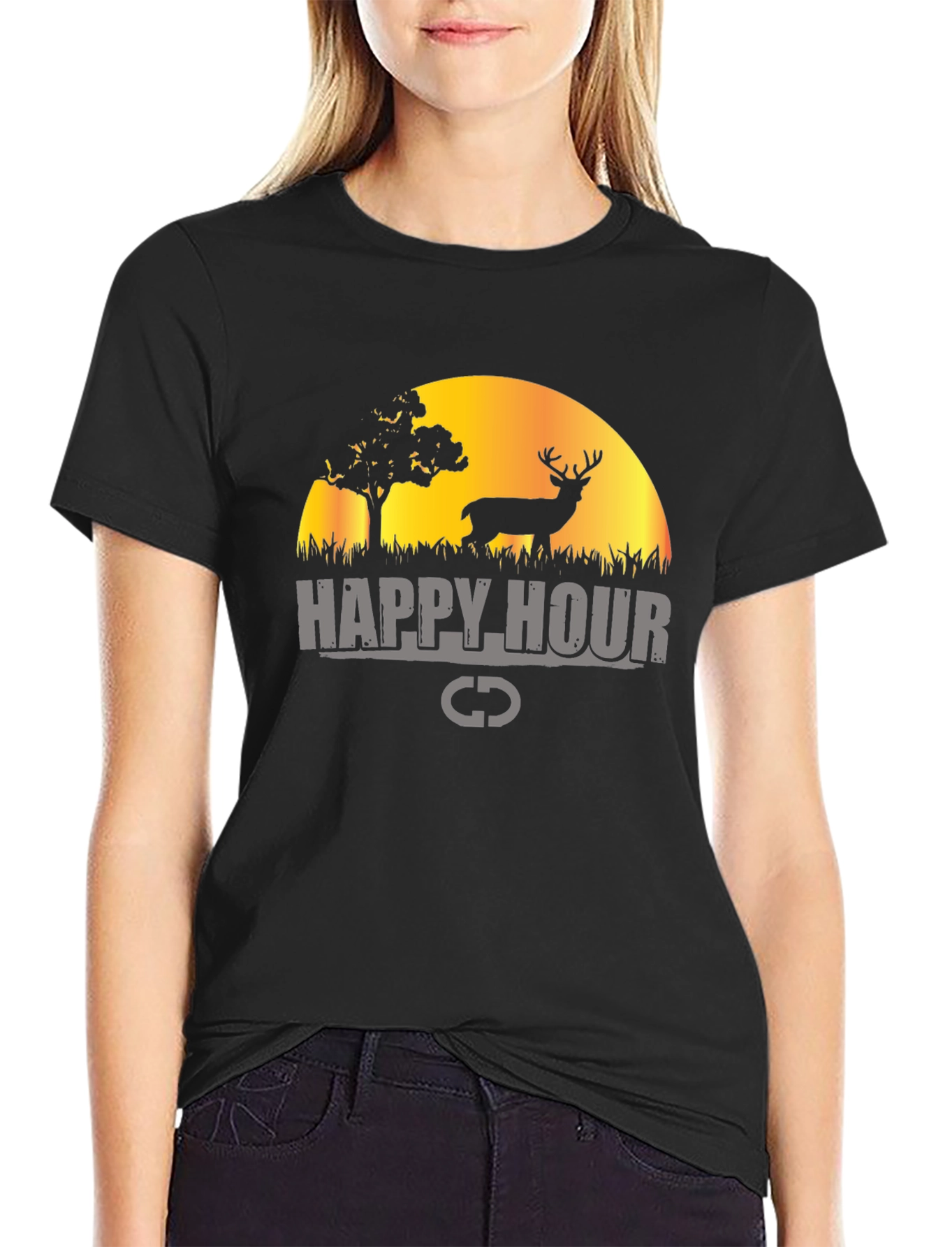 Happy Hour Deer Graphic Black T-Shirt