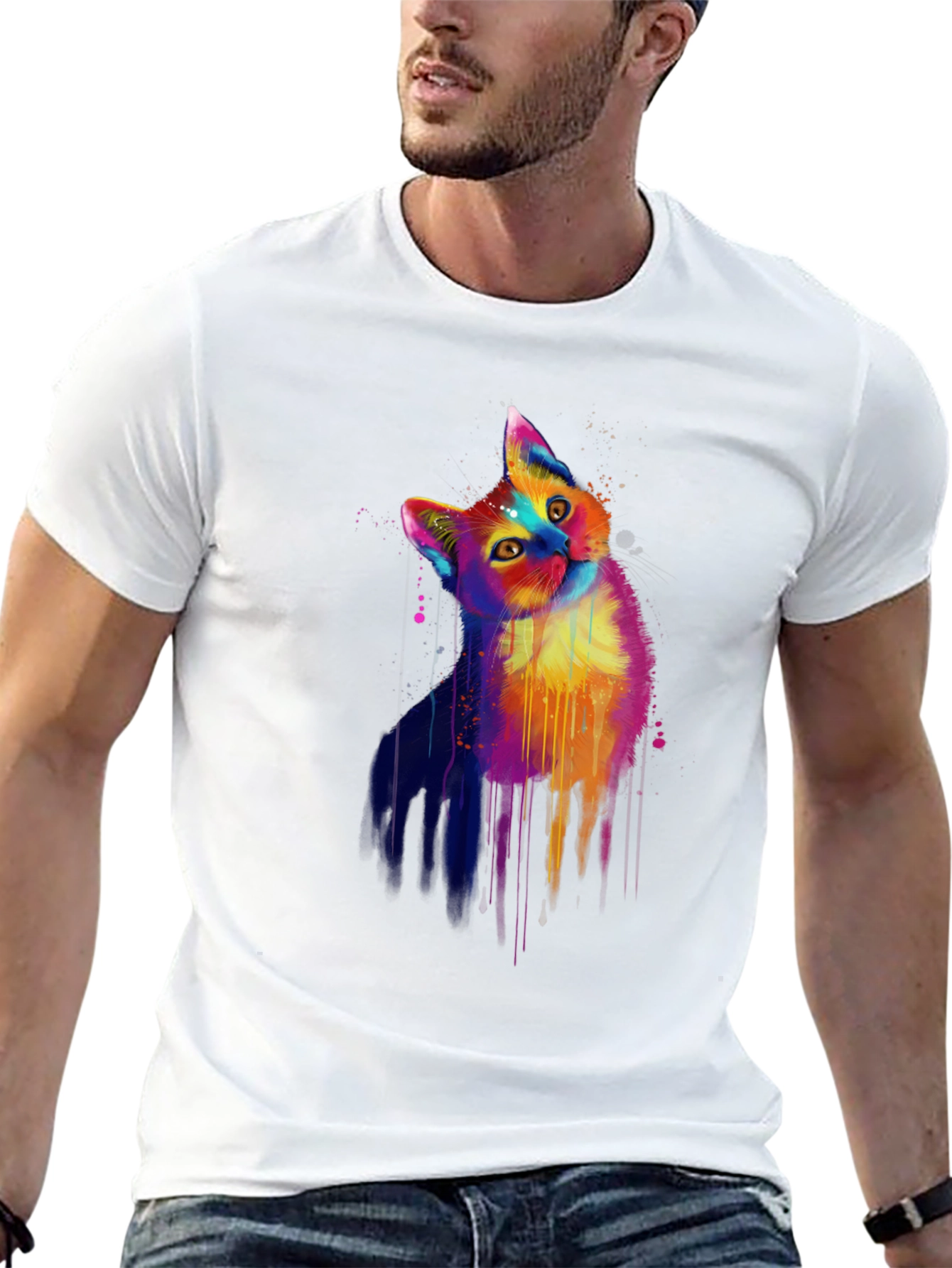 Vibrant Cat Graphic Black T-Shirt