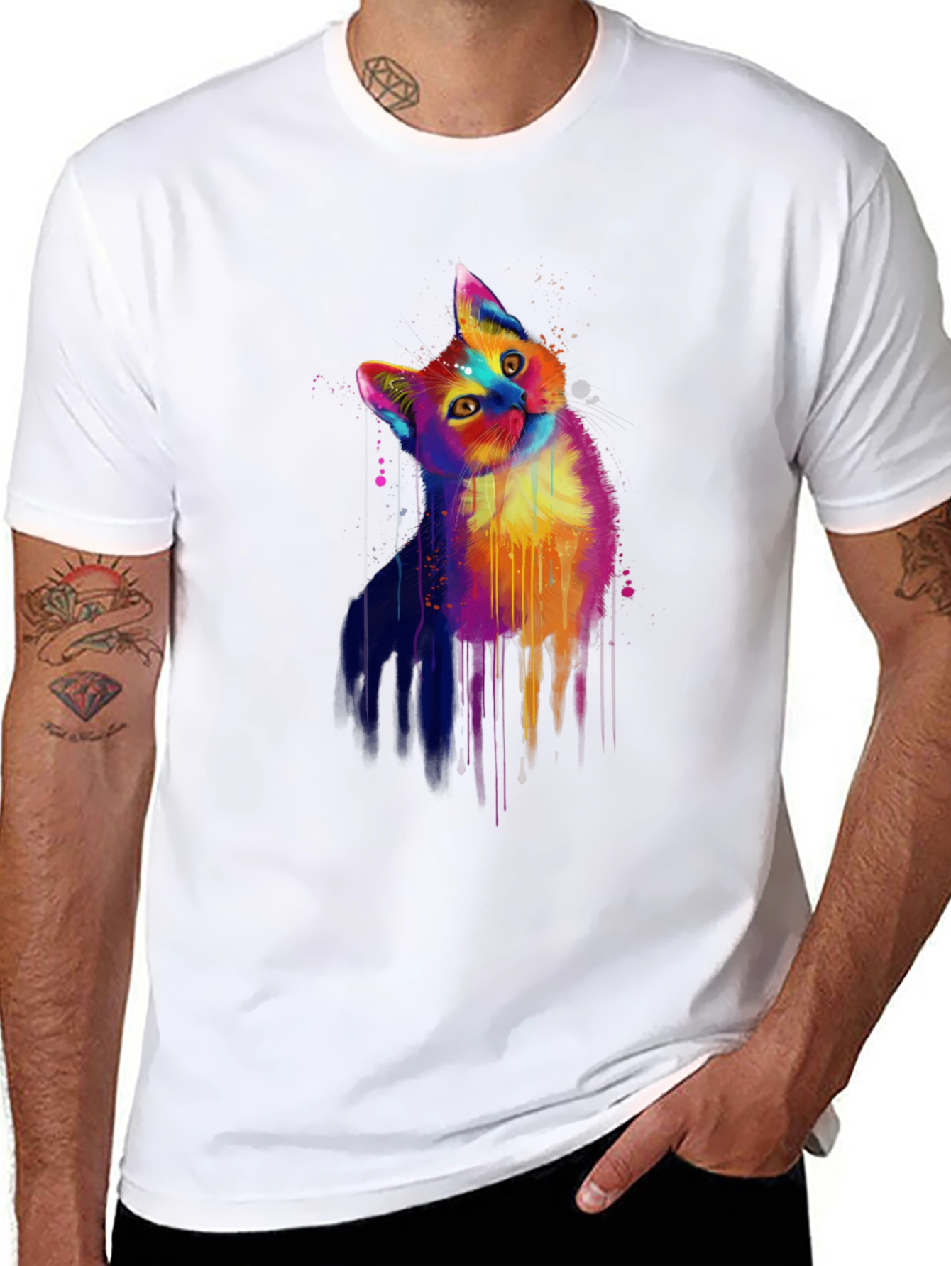 Vibrant Cat Graphic Black T-Shirt