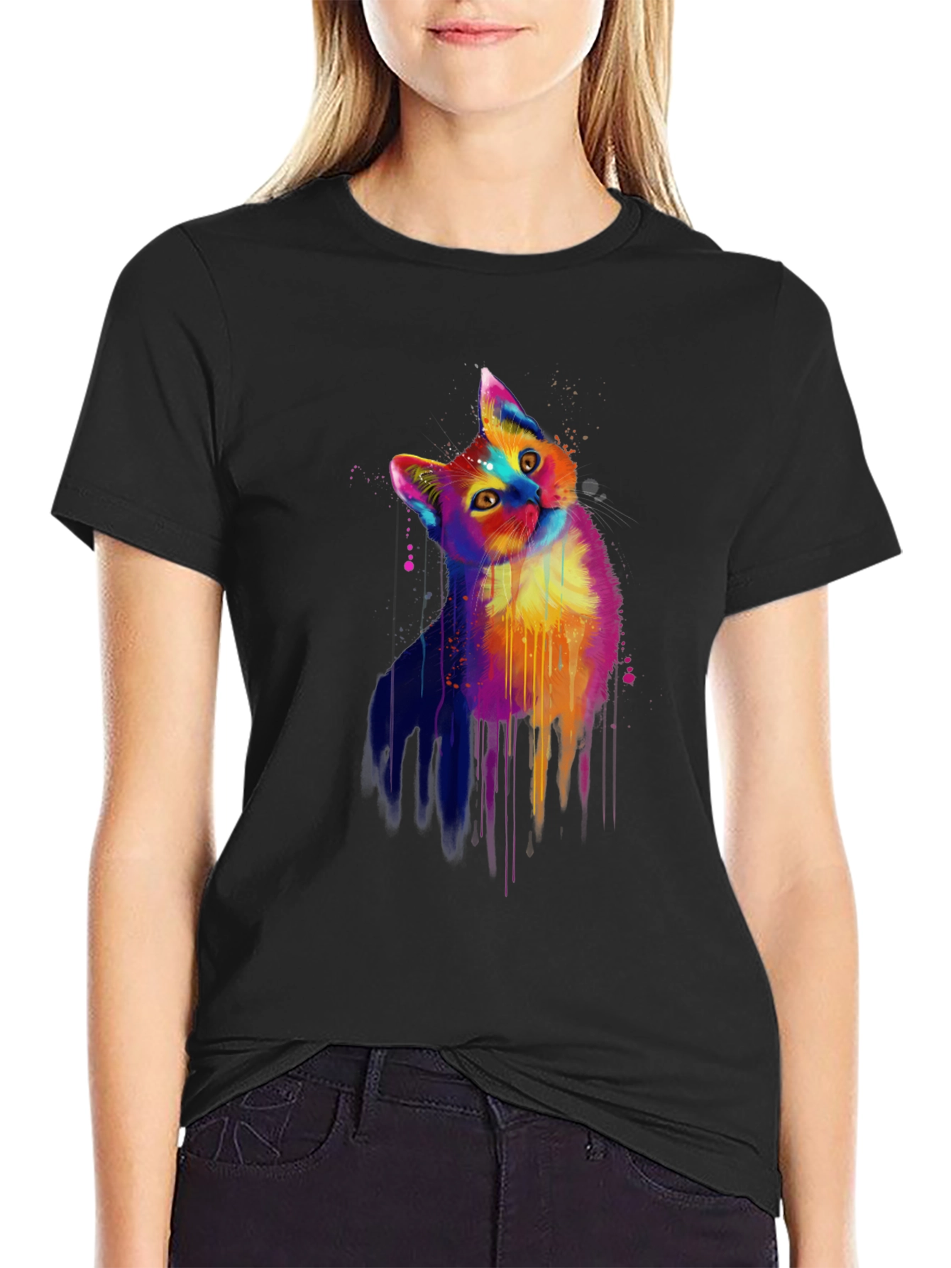 Vibrant Cat Graphic Black T-Shirt
