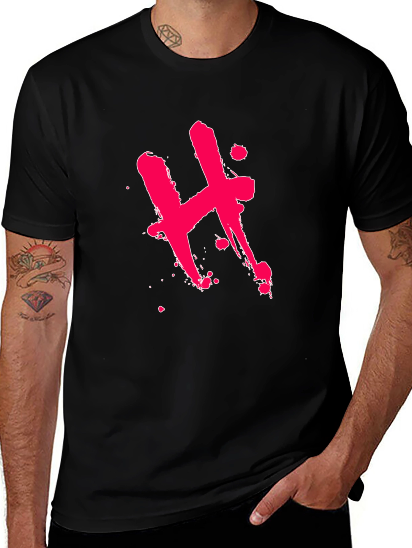 Edgy Black T-Shirt with Pink H Design