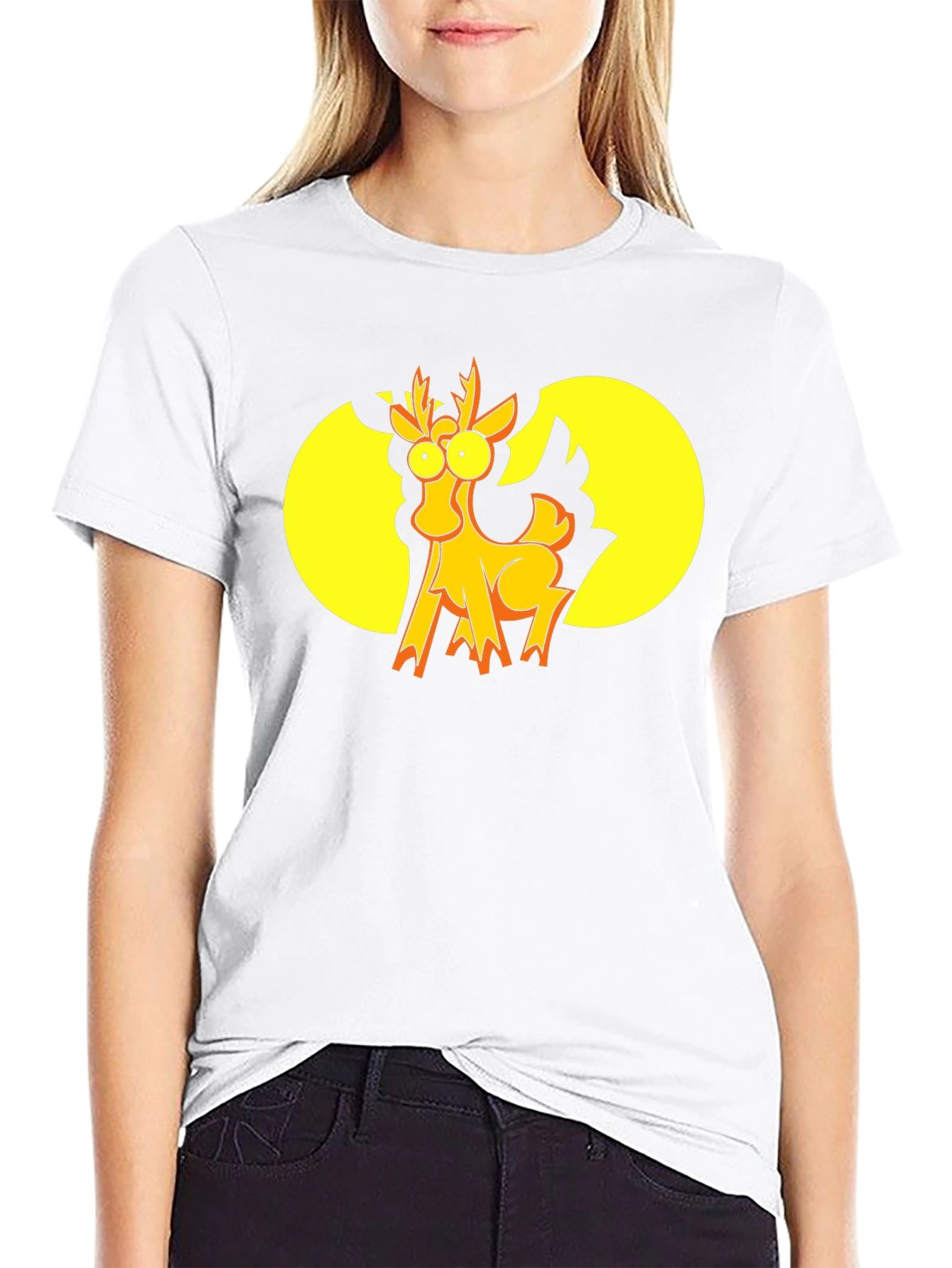 Funny Cartoon Deer Graphic T-Shirt - Black