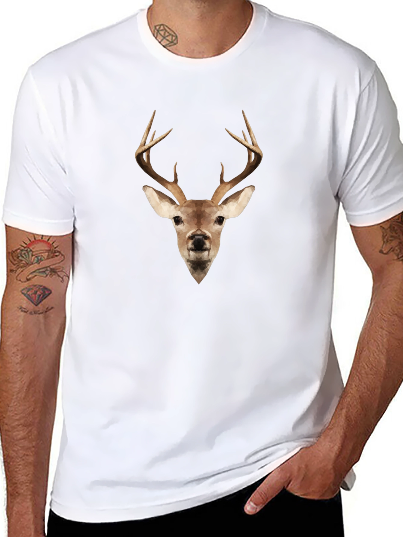 Geometric Deer Head Black Tee - Modern Wildlife Style