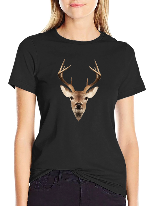 Geometric Deer Head Black Tee - Modern Wildlife Style