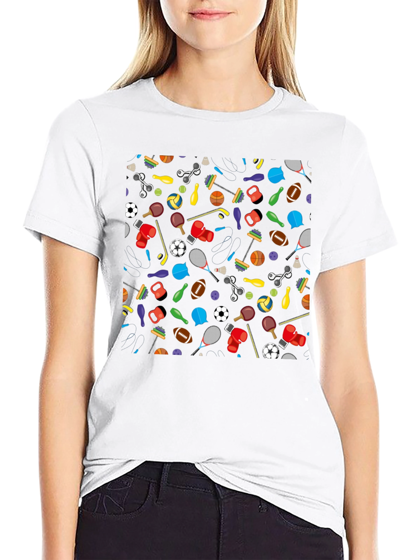 Fun Sports Pattern Black T-Shirt