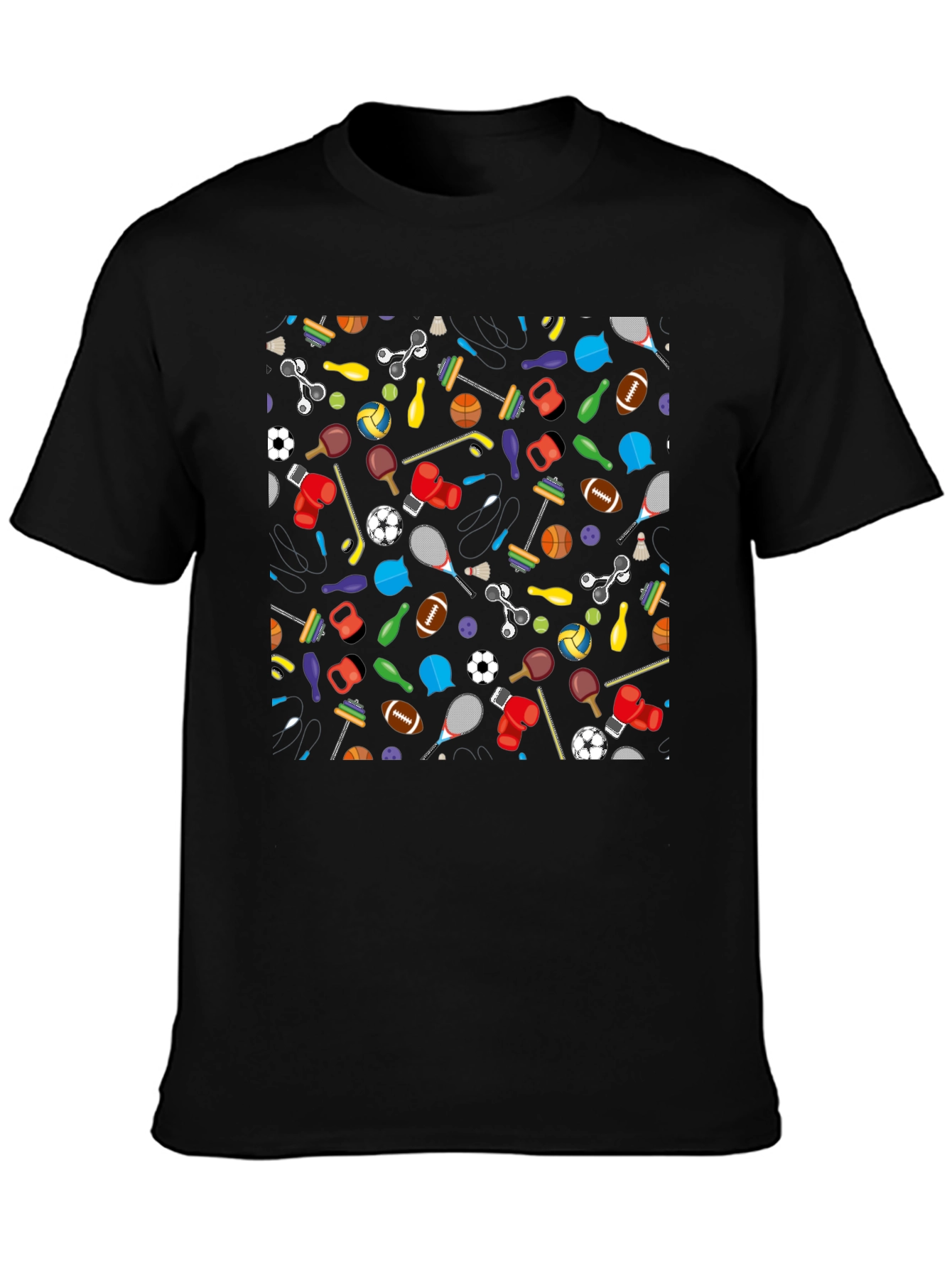 Fun Sports Pattern Black T-Shirt