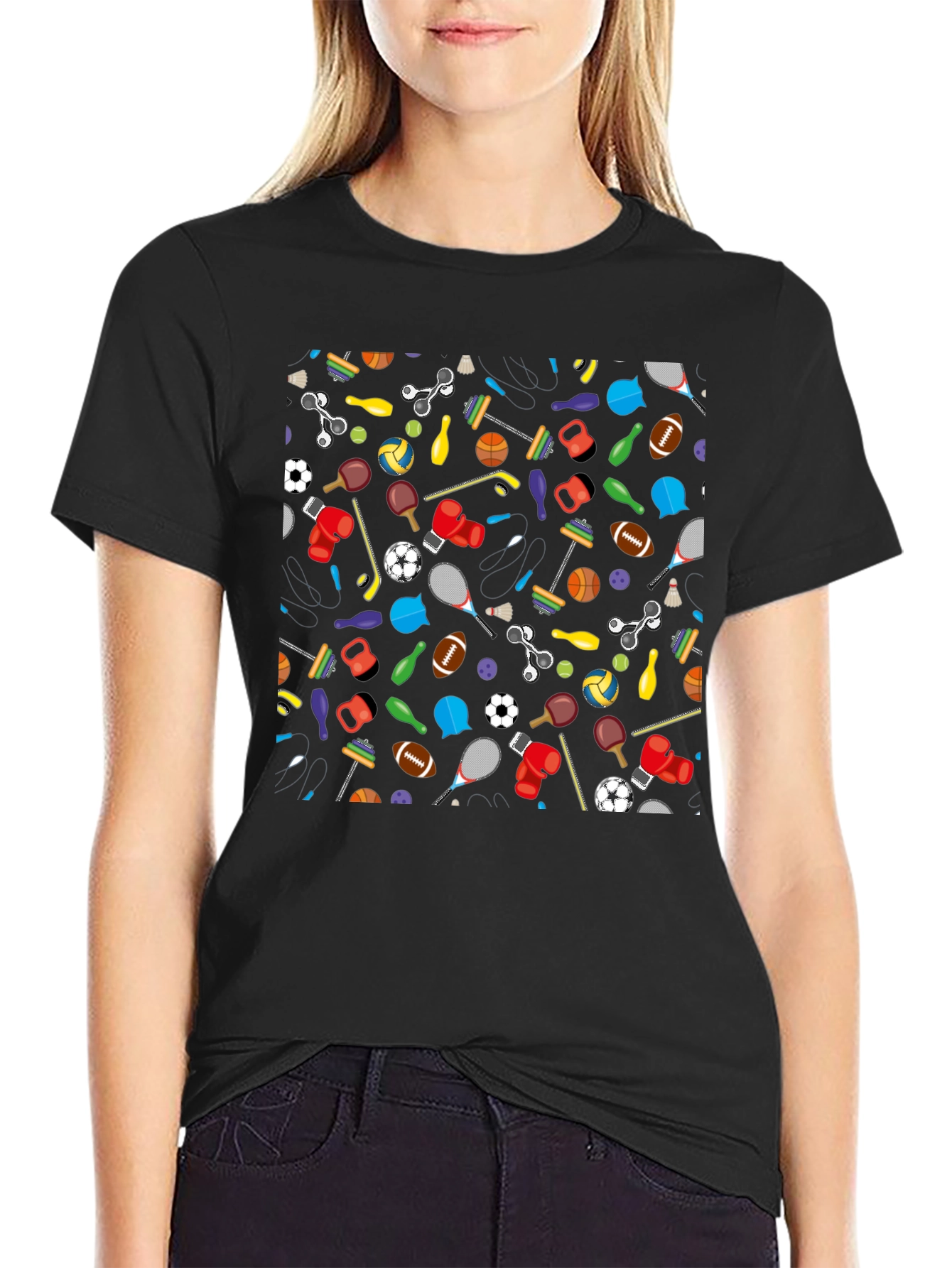 Fun Sports Pattern Black T-Shirt