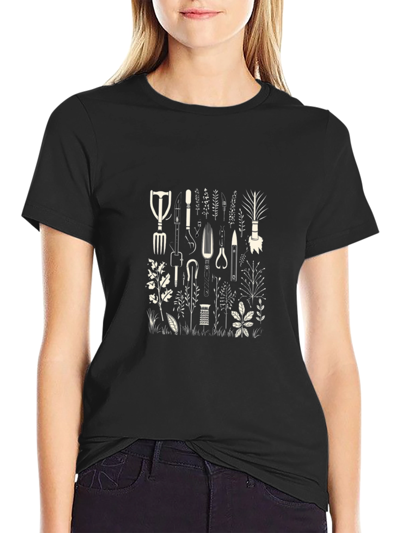 Gardening Tools Print Black T-Shirt