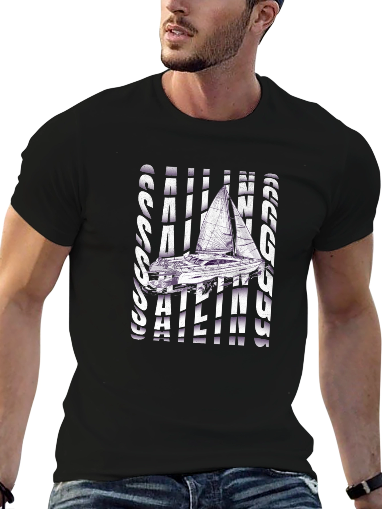 Sailing Graphic T-Shirt - Black Crew Neck